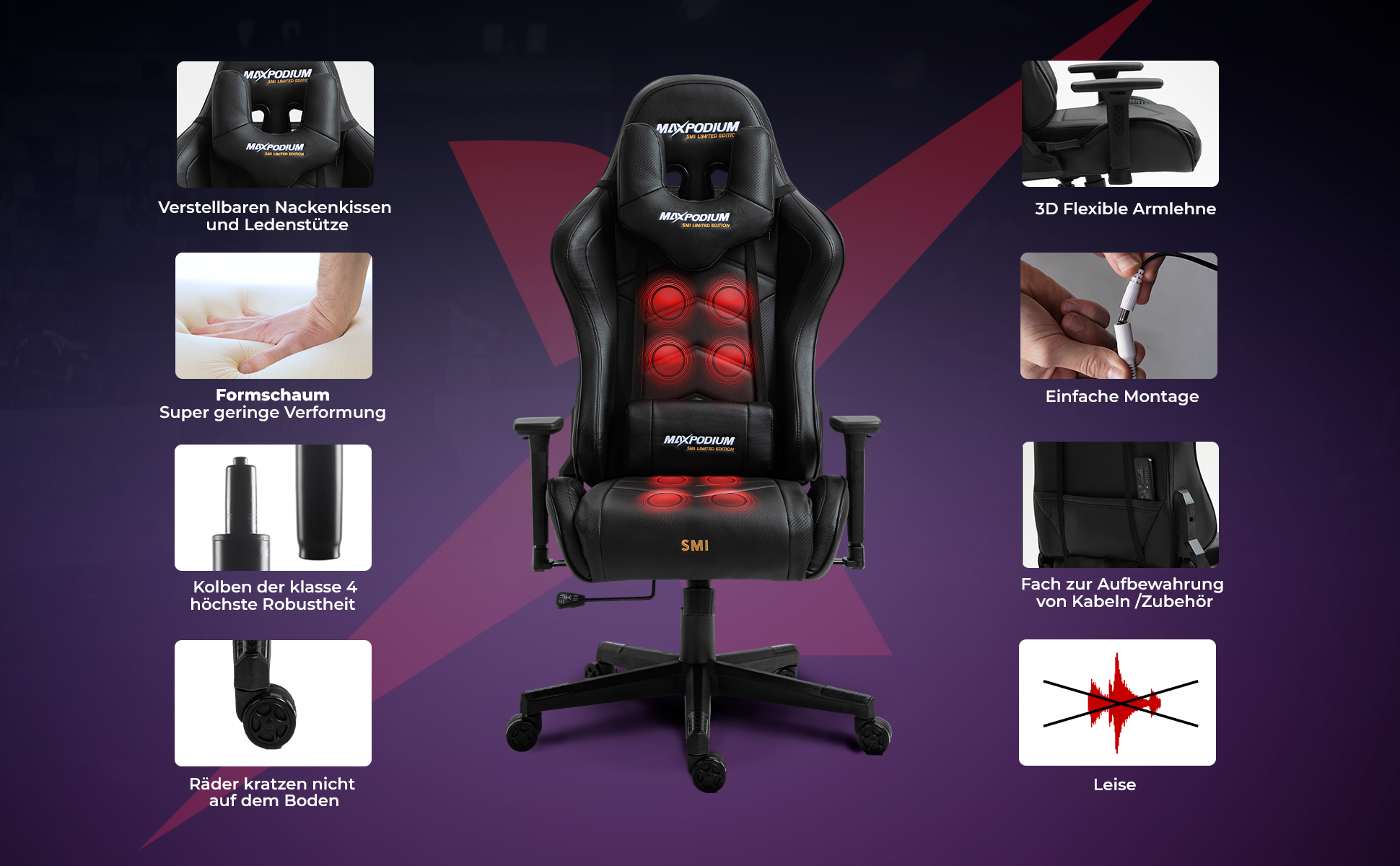 Ergonomischer Gaming-Stuhl mit verschiedenen Funktionen, einschließlich verstellbarer Kopfstütze.