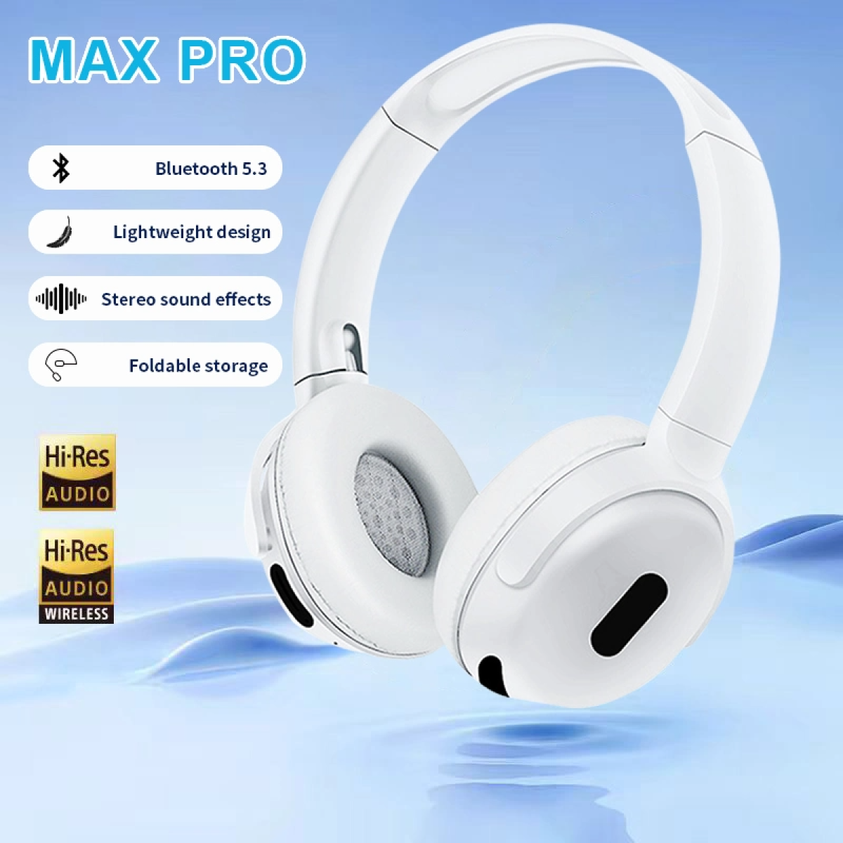 Weiße Kopfhörer mit Text zu Bluetooth, leichtem Design und Hi-Res Audio auf blauem Hintergrund.