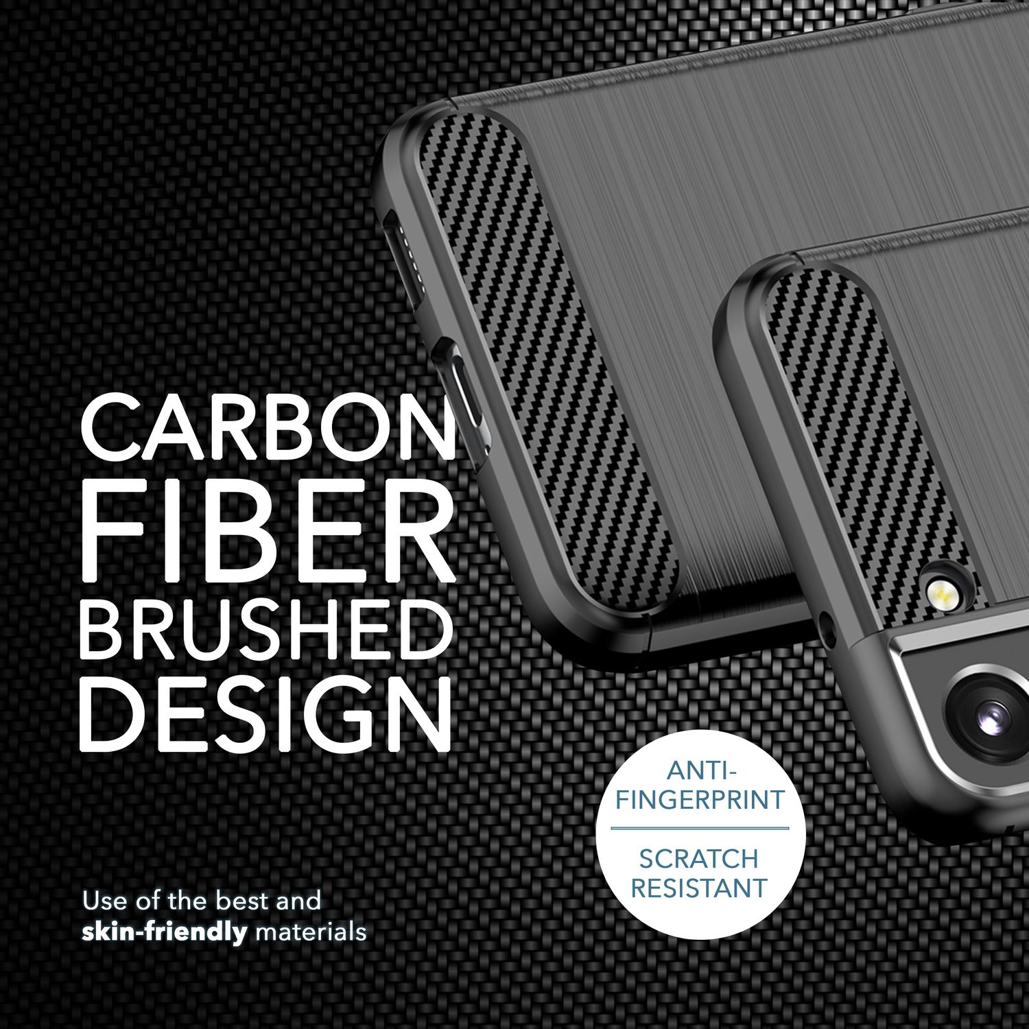 Schwarze Handyhülle mit Carbonfaser-Design, Text: 'CARBON FIBER BRUSHED DESIGN'.