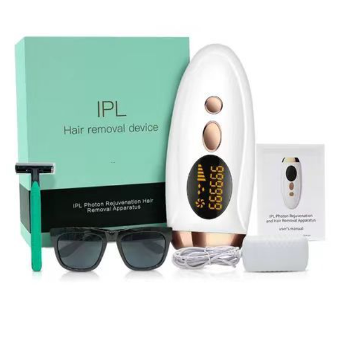 IPL-Haarentfernungsgerät mit Box, Sonnenbrille, Rasierer und Handbuch. Weißes und goldenes Gerät mit Display.