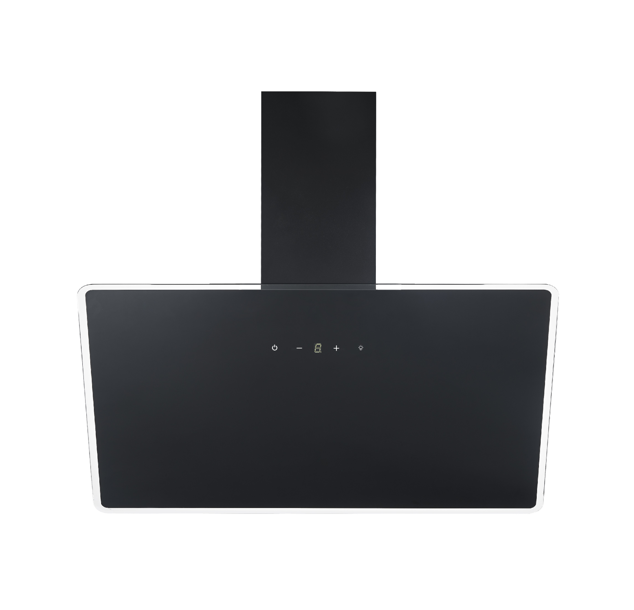 A black range hood with a white trim and a control panel with buttons.