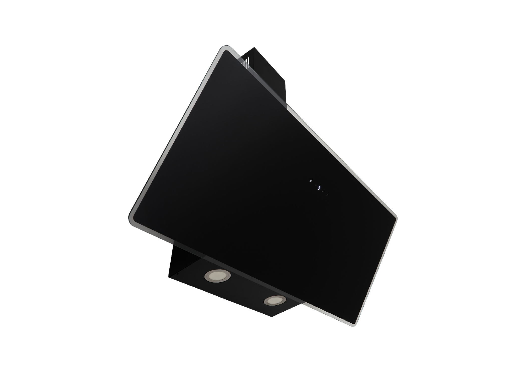 Black range hood with two lights and angled panels. The hood is mounted against a white background.