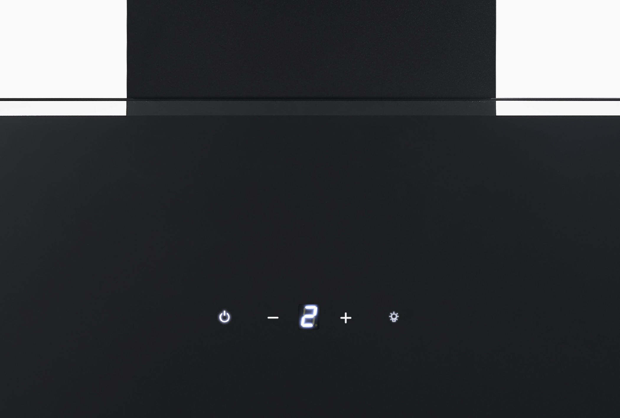 Black range hood with control panel and lit display. Digits '2' is visible.