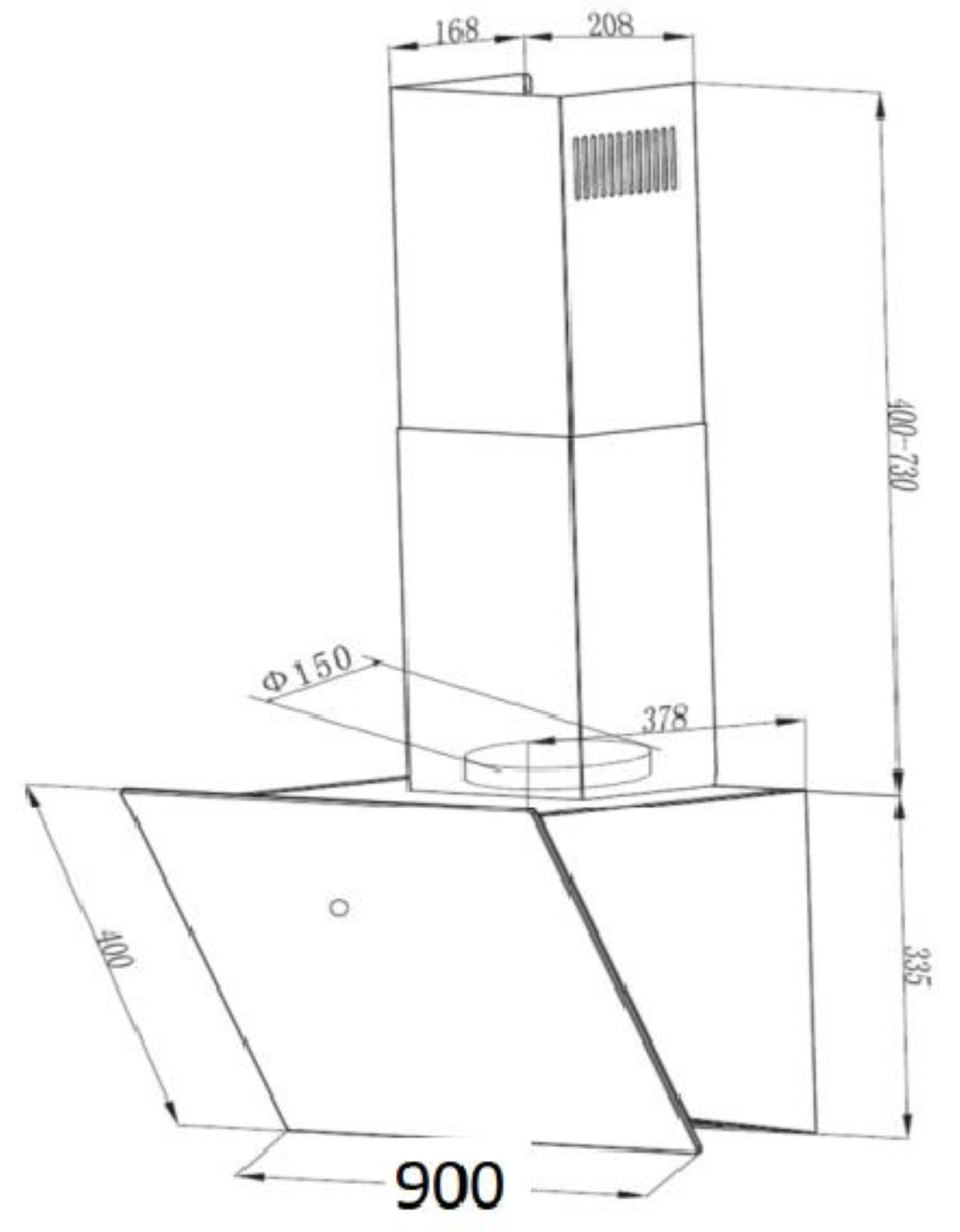 A diagram of a kitchen hood with measurements. The background is white.