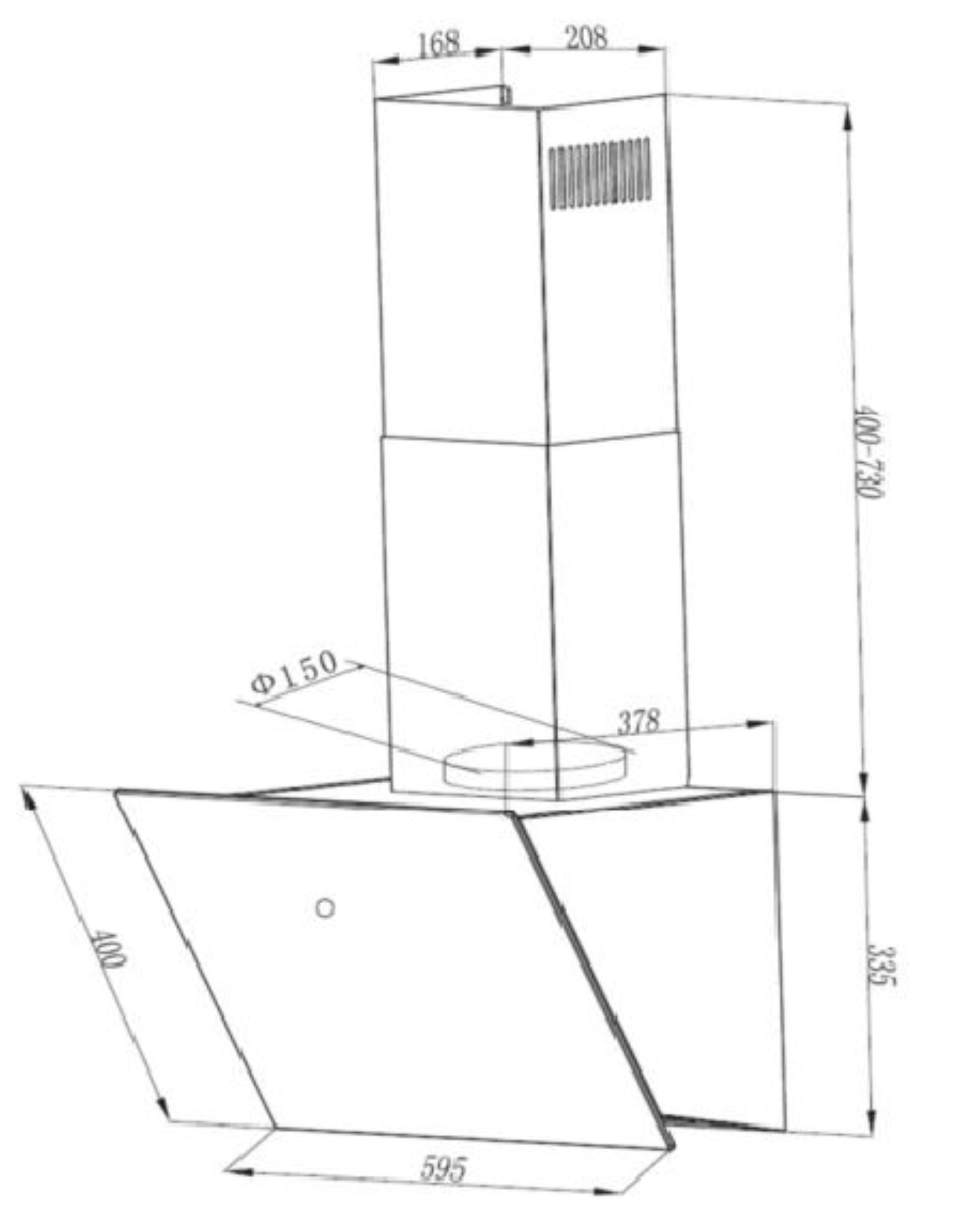Technische Zeichnung einer Dunstabzugshaube. Enthält Abmessungen: 595 mm breit, 400-730 mm hoch und 150 mm Durchmesser.