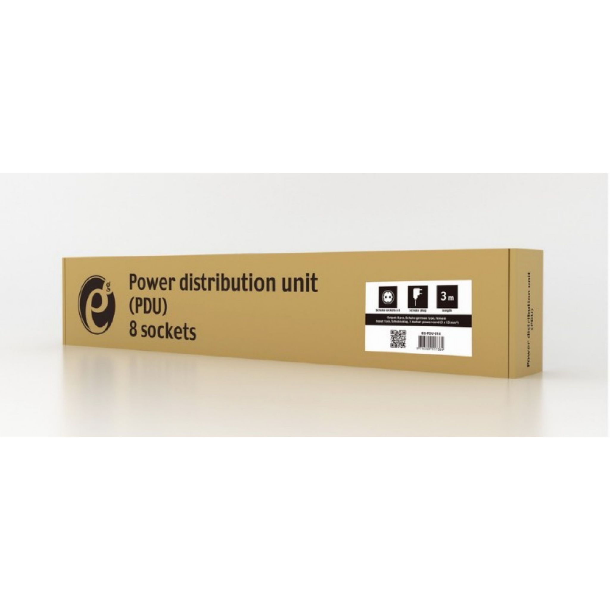 Una caja marrón con el texto 'Power distribution unit (PDU) 8 sockets'.