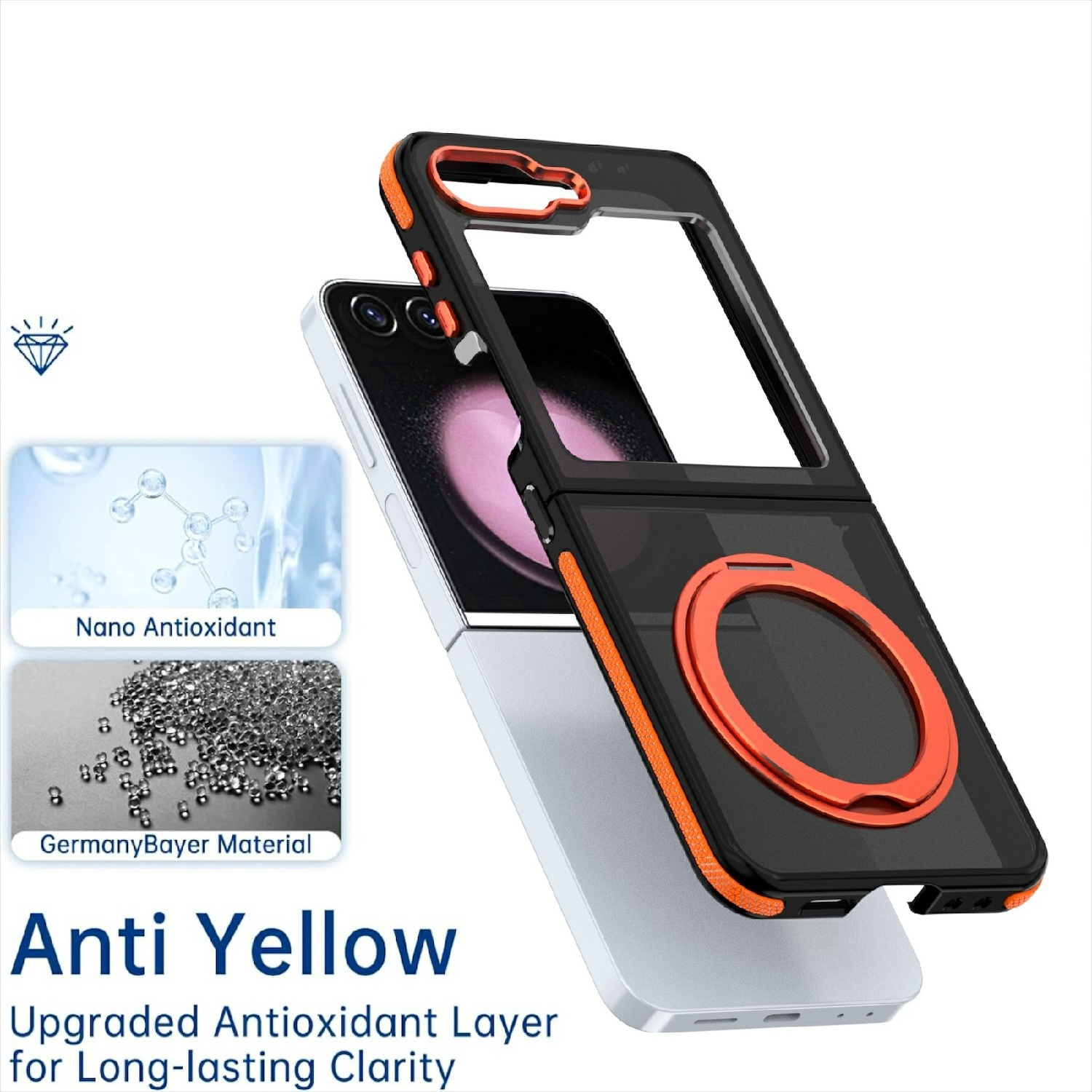 Handyhülle mit orangefarbenem Ring, schwarzem Rahmen und weißem Telefon. Enthält Antioxidans-Info.