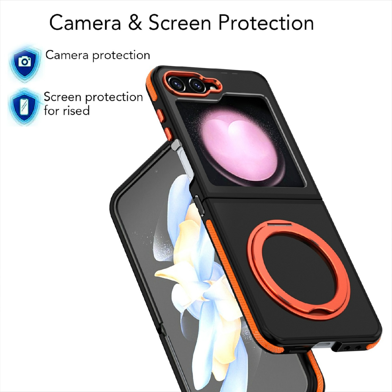 Schwarze Handyhülle mit orangefarbenen Akzenten. Zeigt ein Handy mit Ringhalterung.