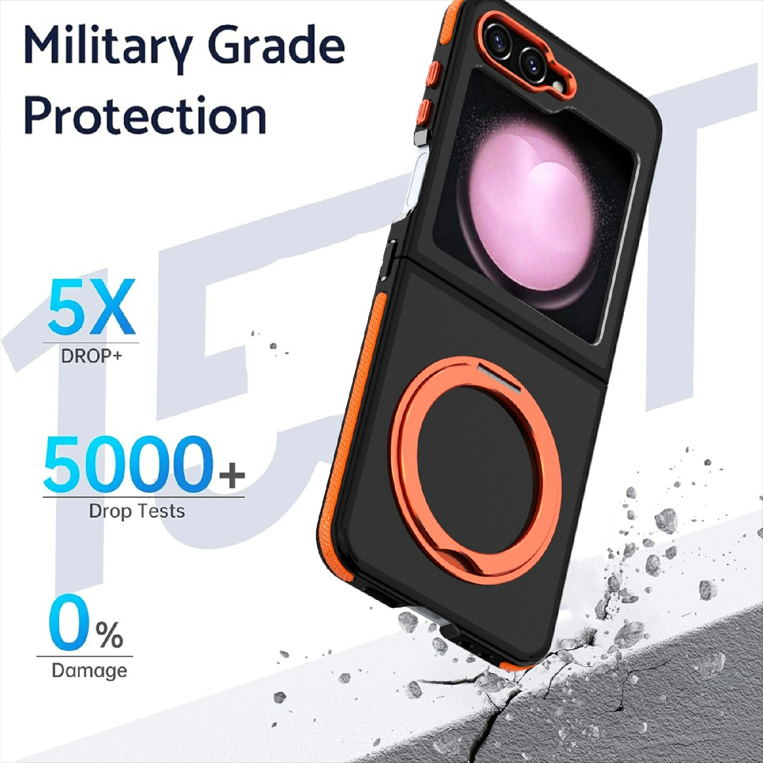 Schwarze und orangefarbene Handyhülle, geöffnet. Text: Militärischer Schutz, 5X Drop+, 5000+ Falltests, 0% Schaden.