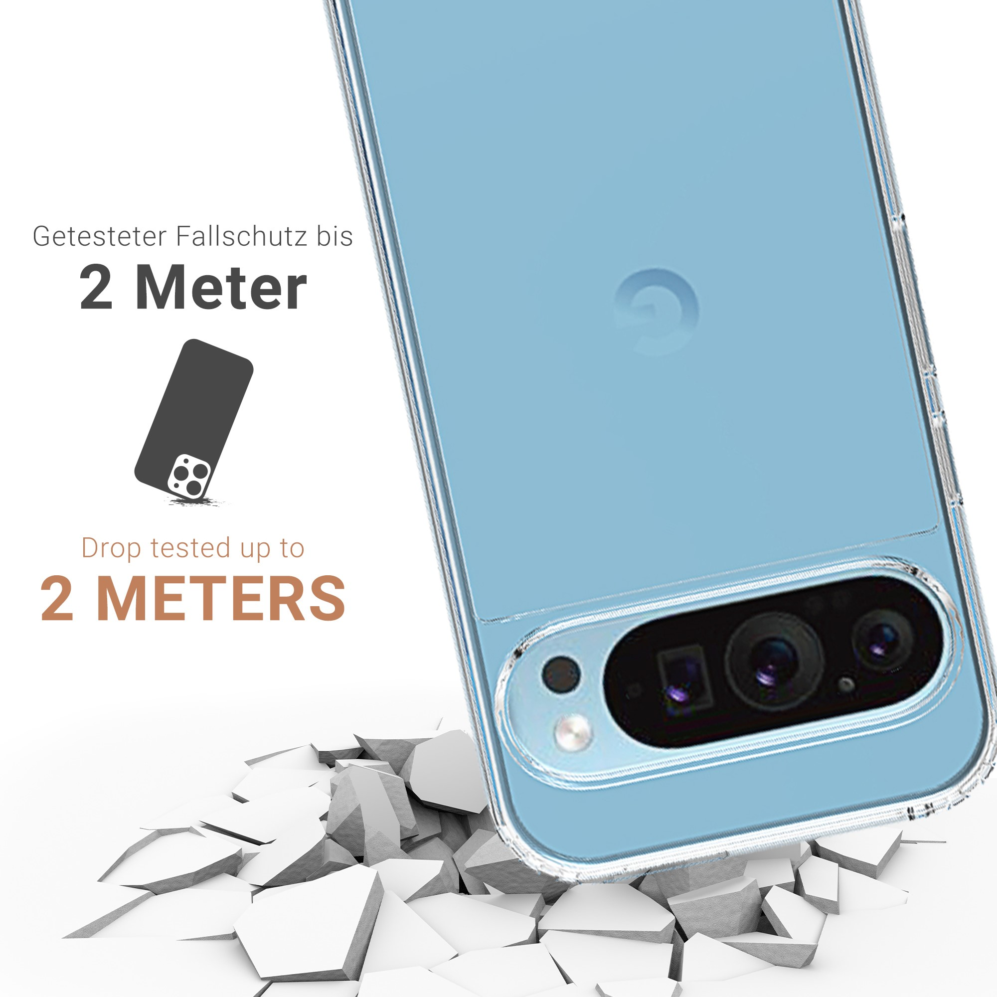 Coque de téléphone transparente avec fond bleu et texte indiquant « Testé contre les chutes jusqu'à 2 mètres ».