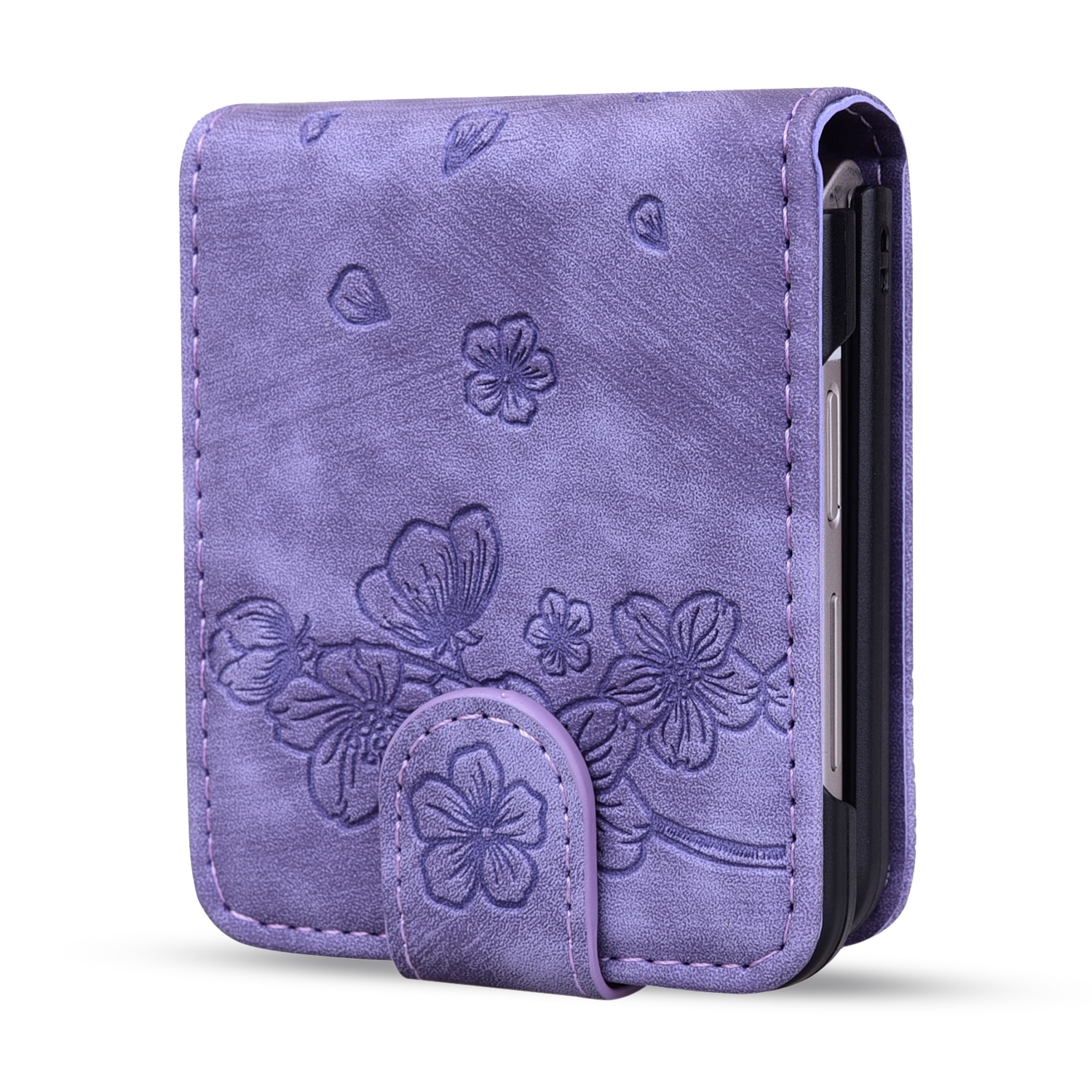 Eine lila Leder-Handyhülle mit floralem Design, geschlossen, mit Magnetverschluss.