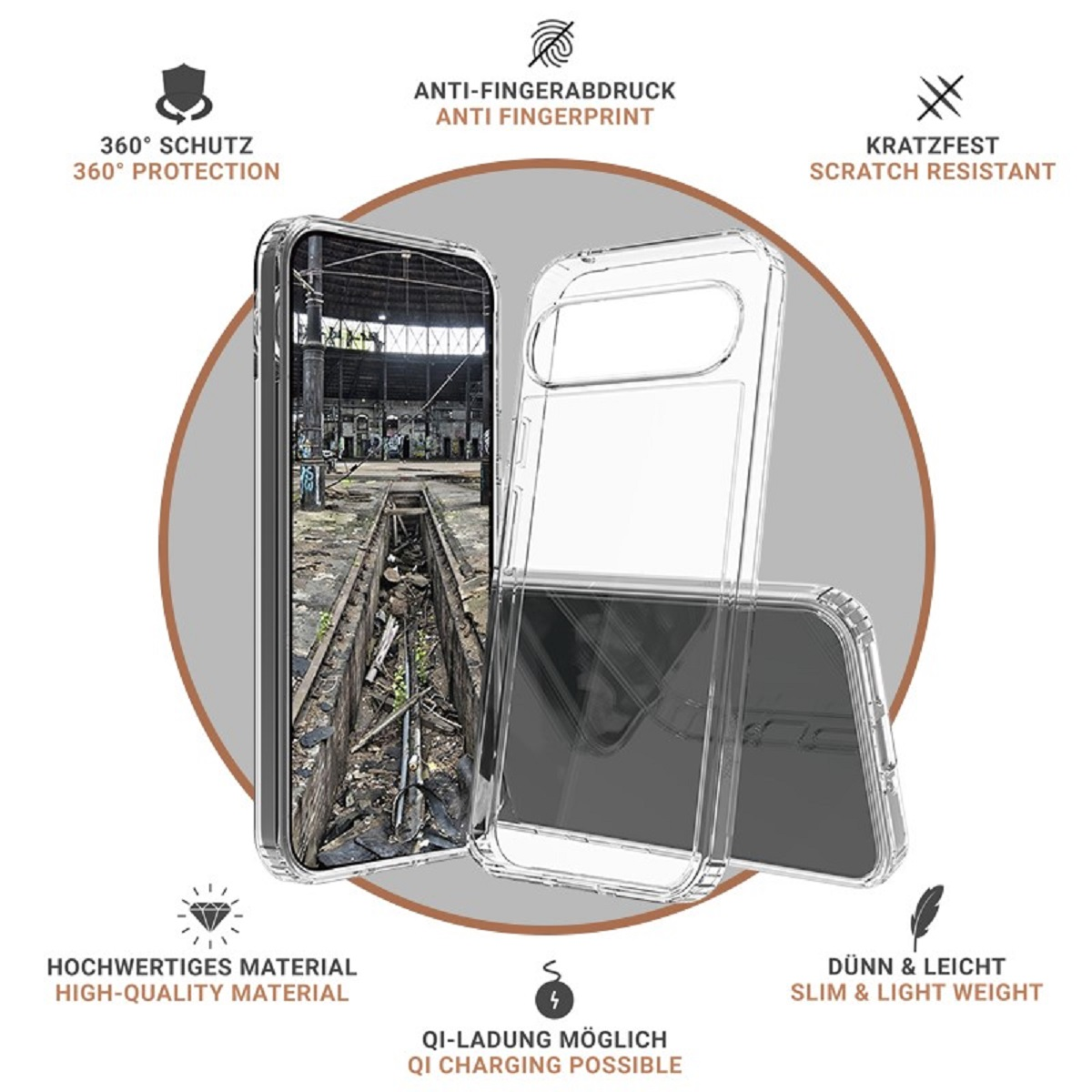 Deux coques de téléphone transparentes avec des schémas décrivant des caractéristiques telles que anti-empreintes, résistant aux rayures et fin.