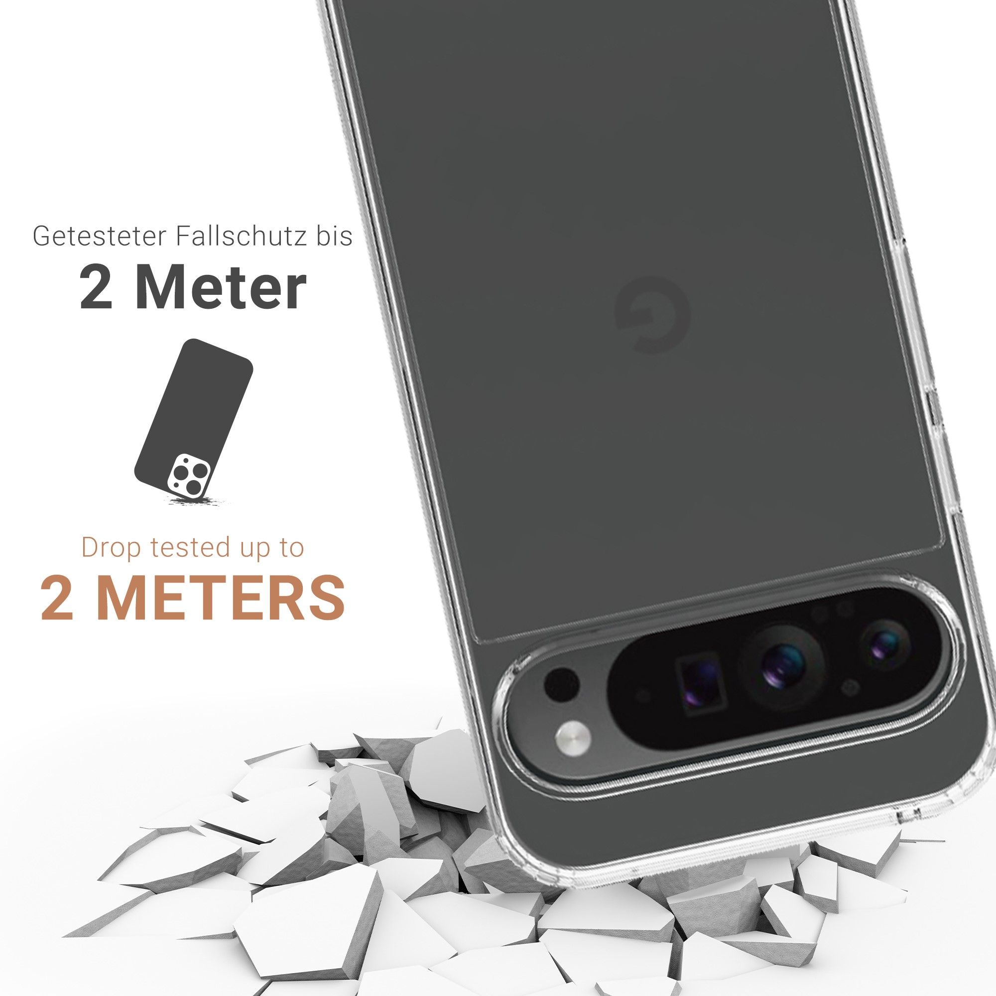 Coque de téléphone transparente, sol partiellement brisé en dessous. Texte : 'Drop tested up to 2 METERS'.