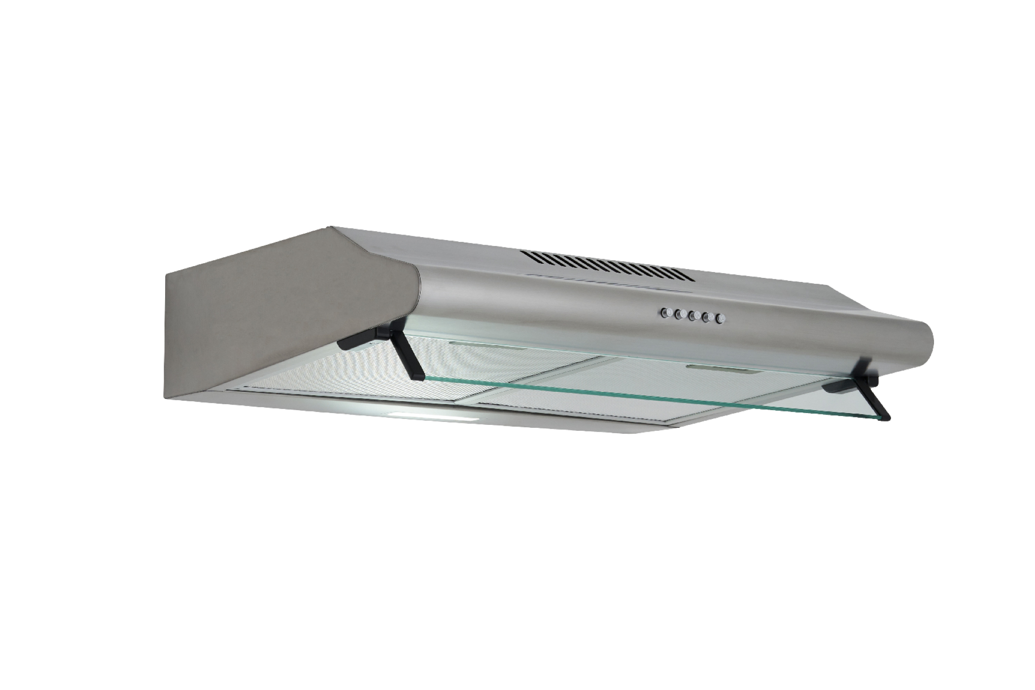 A silver kitchen range hood with glass and control buttons.