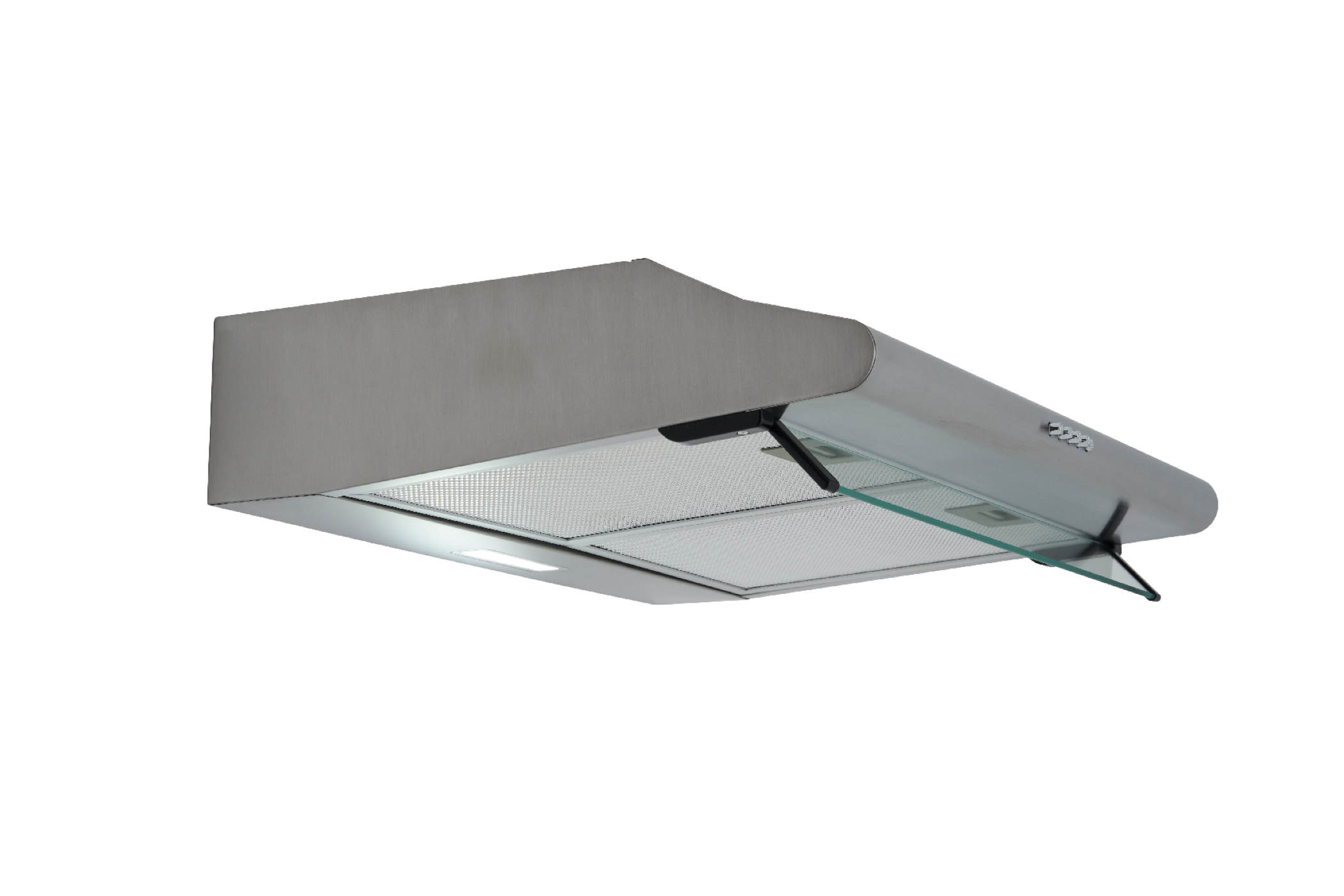 Stainless steel range hood with glass panel. White background. Angled view, clean design.