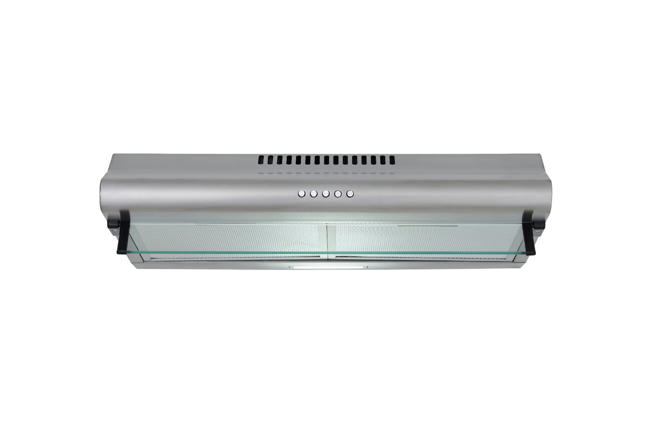A stainless steel range hood with glass panels and control buttons.