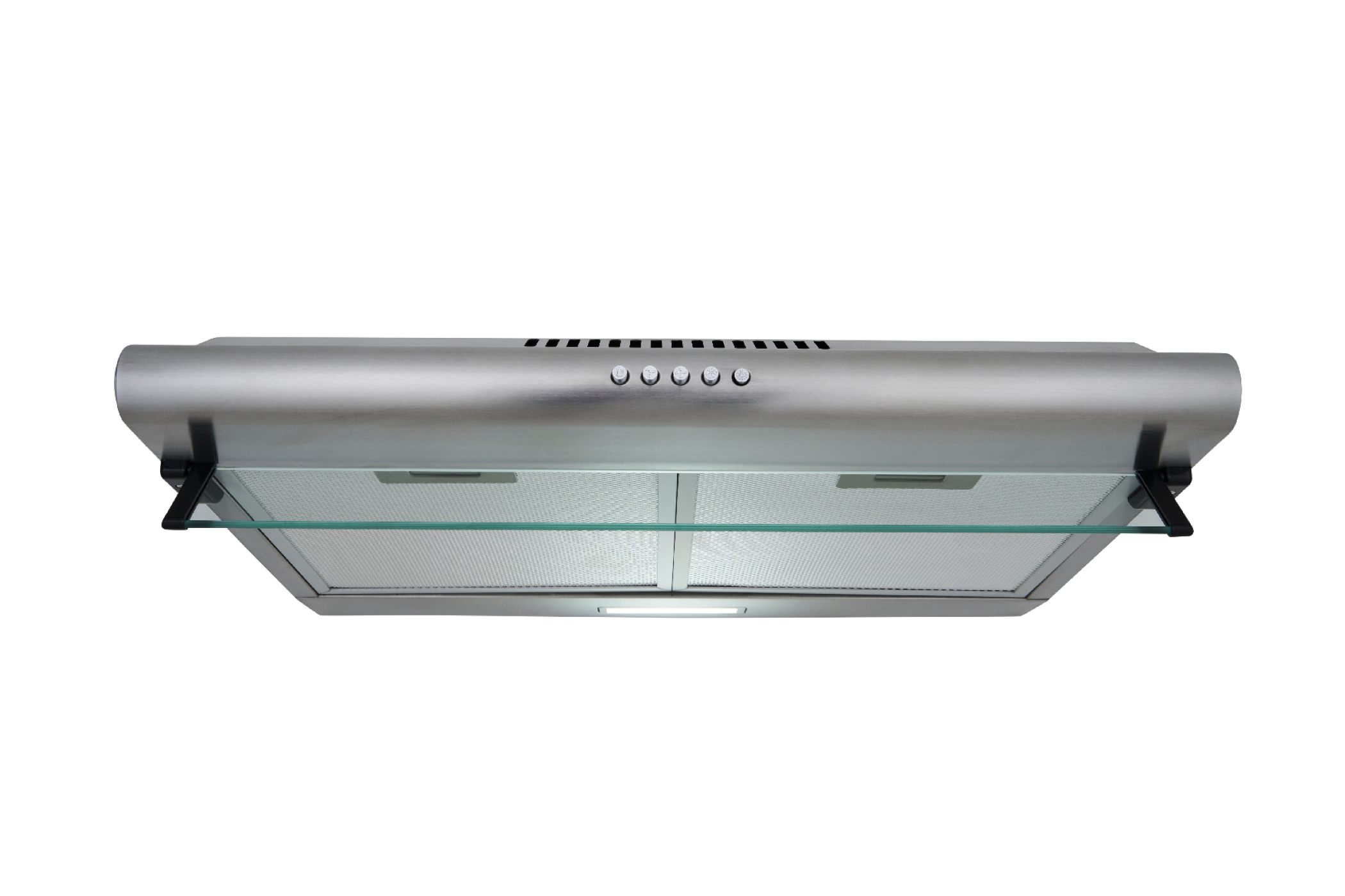 Range hood from below. It is silver with a glass panel, and has buttons on the top.