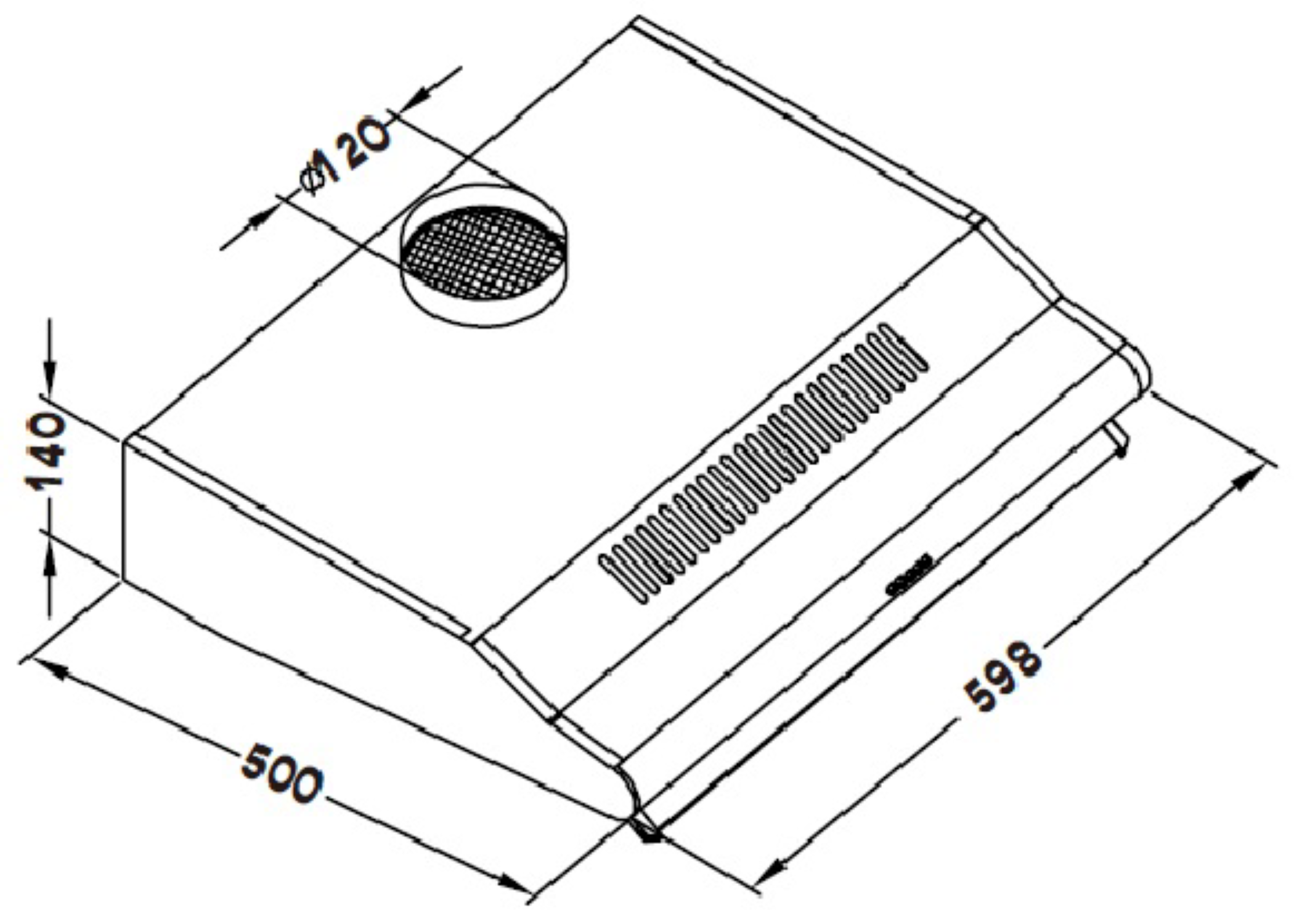 Top view of a range hood with dimensions shown.