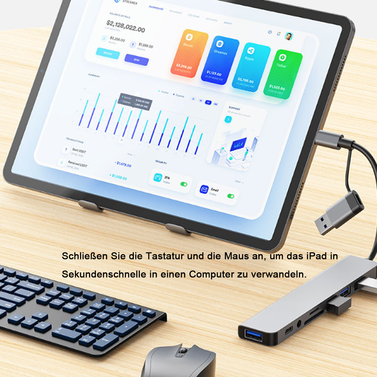Tablet zeigt Finanzdaten, verbunden mit Tastatur, Maus und USB-Hub. Holzoberfläche.