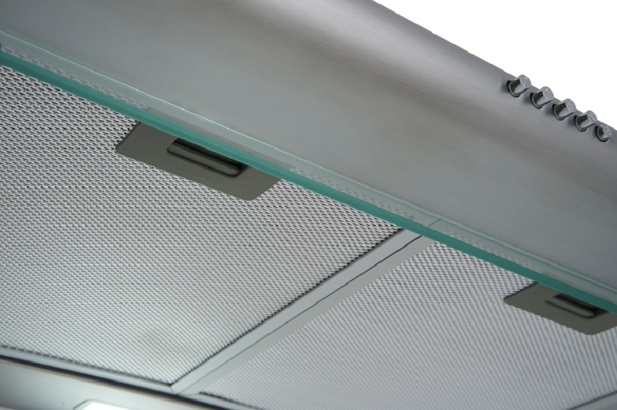 Close-up of a kitchen hood. Silver mesh with handle and glass, shot from below, top view.