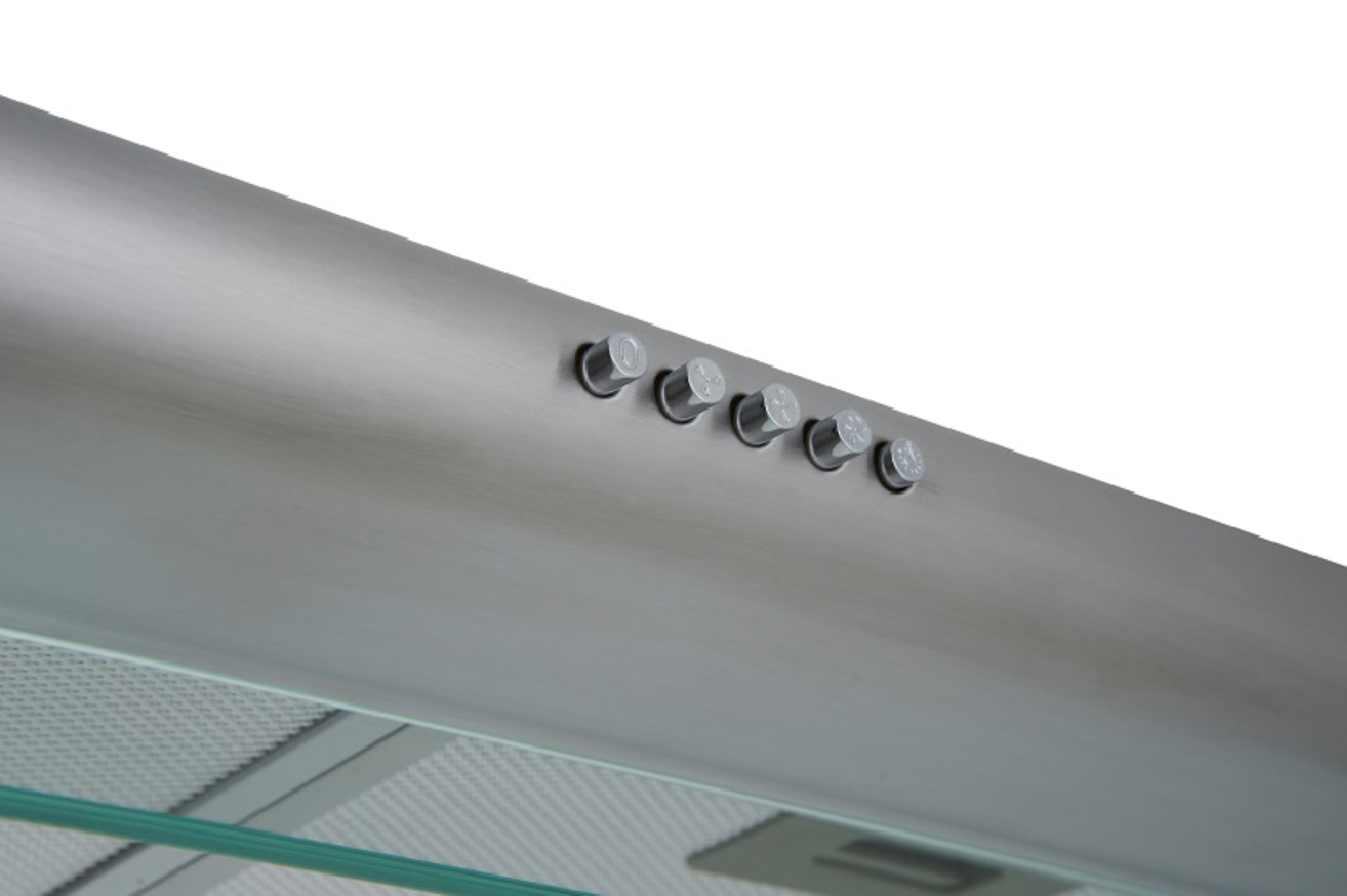 A close-up of a silver range hood with control buttons on top.