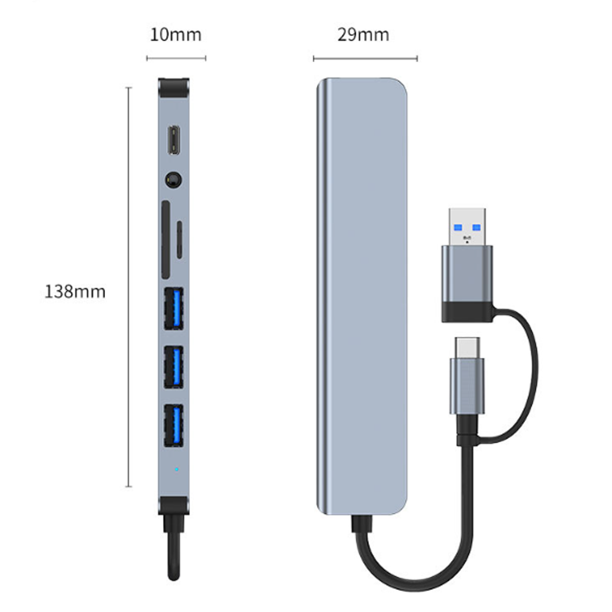 Ein silberner USB-Hub mit mehreren Anschlüssen und zwei angeschlossenen Kabeln, eines USB, eines USB-C. Die Abmessungen sind beschriftet: 10 mm, 29 mm und 138 mm.