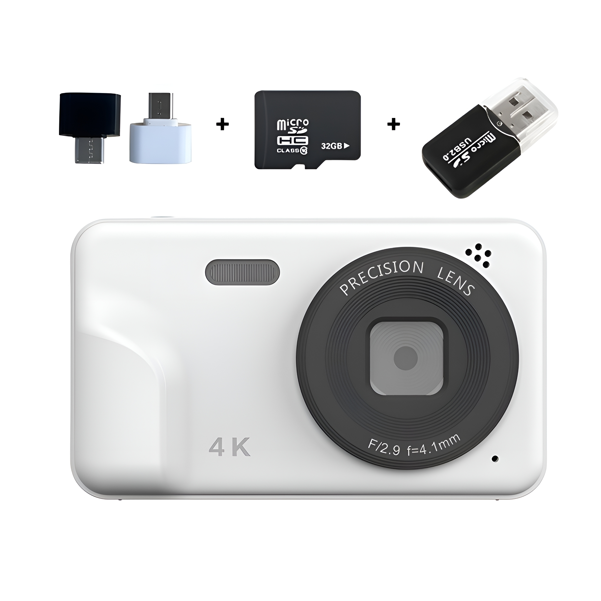 Weiße Kamera mit Objektiv, SD-Karte und USB-Adaptern vor weißem Hintergrund.