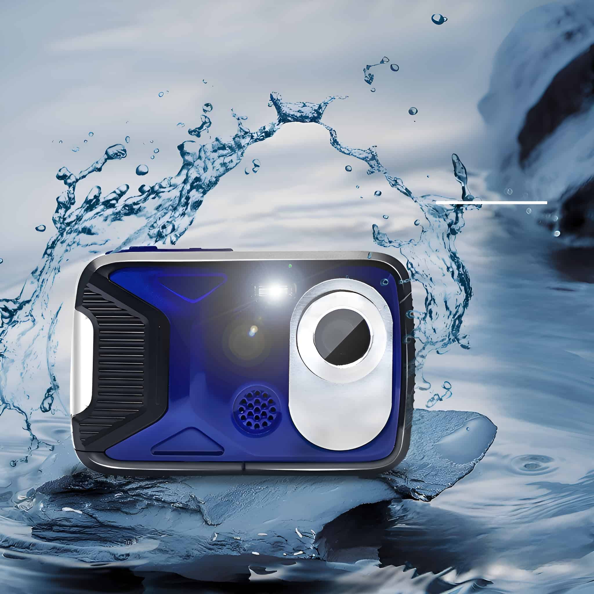 Unterwasserkamera im Wasser. Blaue und schwarze Kamera umgeben von spritzendem Wasser.
