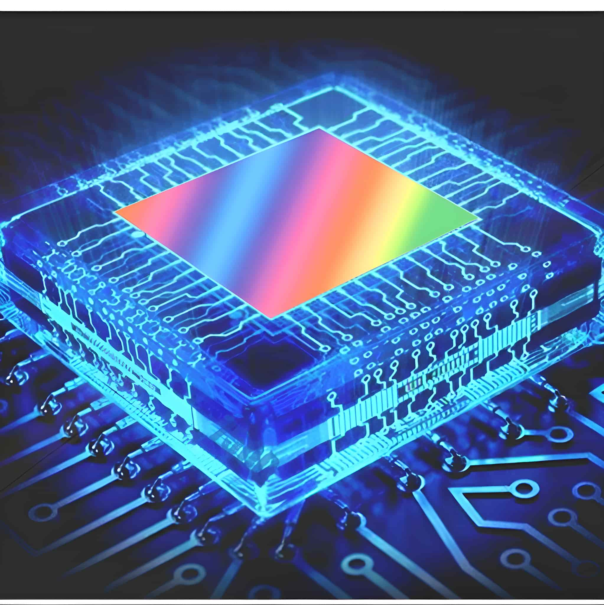 Nahaufnahme eines blau beleuchteten Computerchips mit einem regenbogenfarbenen Quadrat in der Mitte.