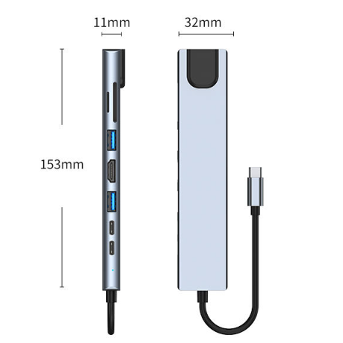 Silberner und schwarzer USB-C-Hub mit Anschlüssen und Abmessungen. Kabel befestigt. Seiten- und Draufsicht.