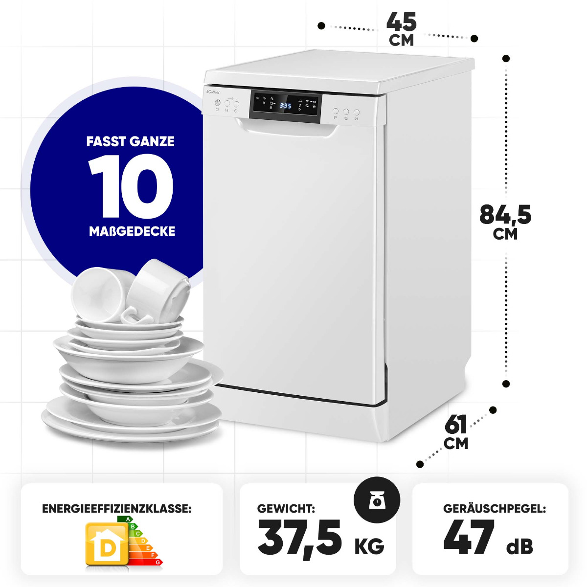 Lavastoviglie bianca con dimensioni e dettagli sull'efficienza energetica. 10 coperti.