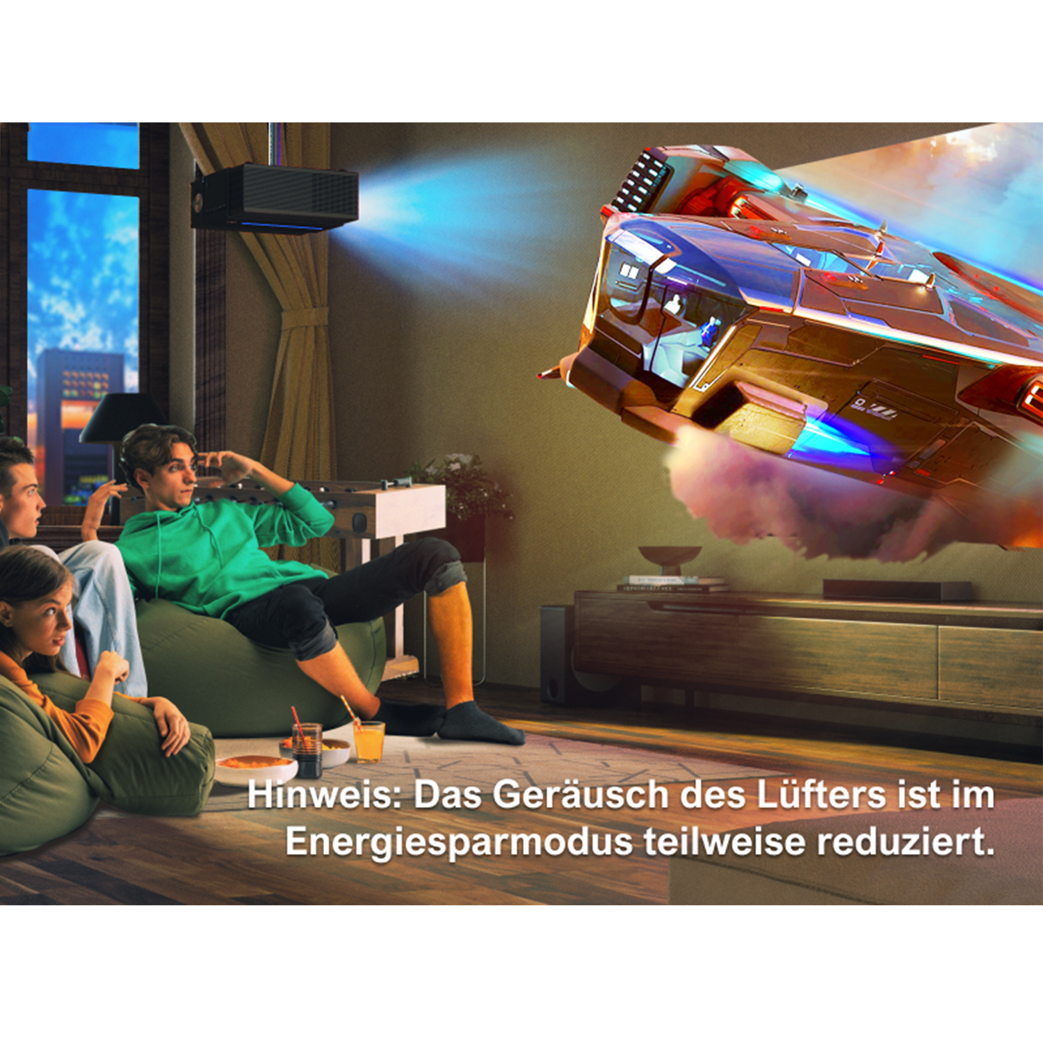Ein Wohnzimmer mit einem Projektor, der ein Raumschiff an die Wand projiziert. Leute schauen zu.