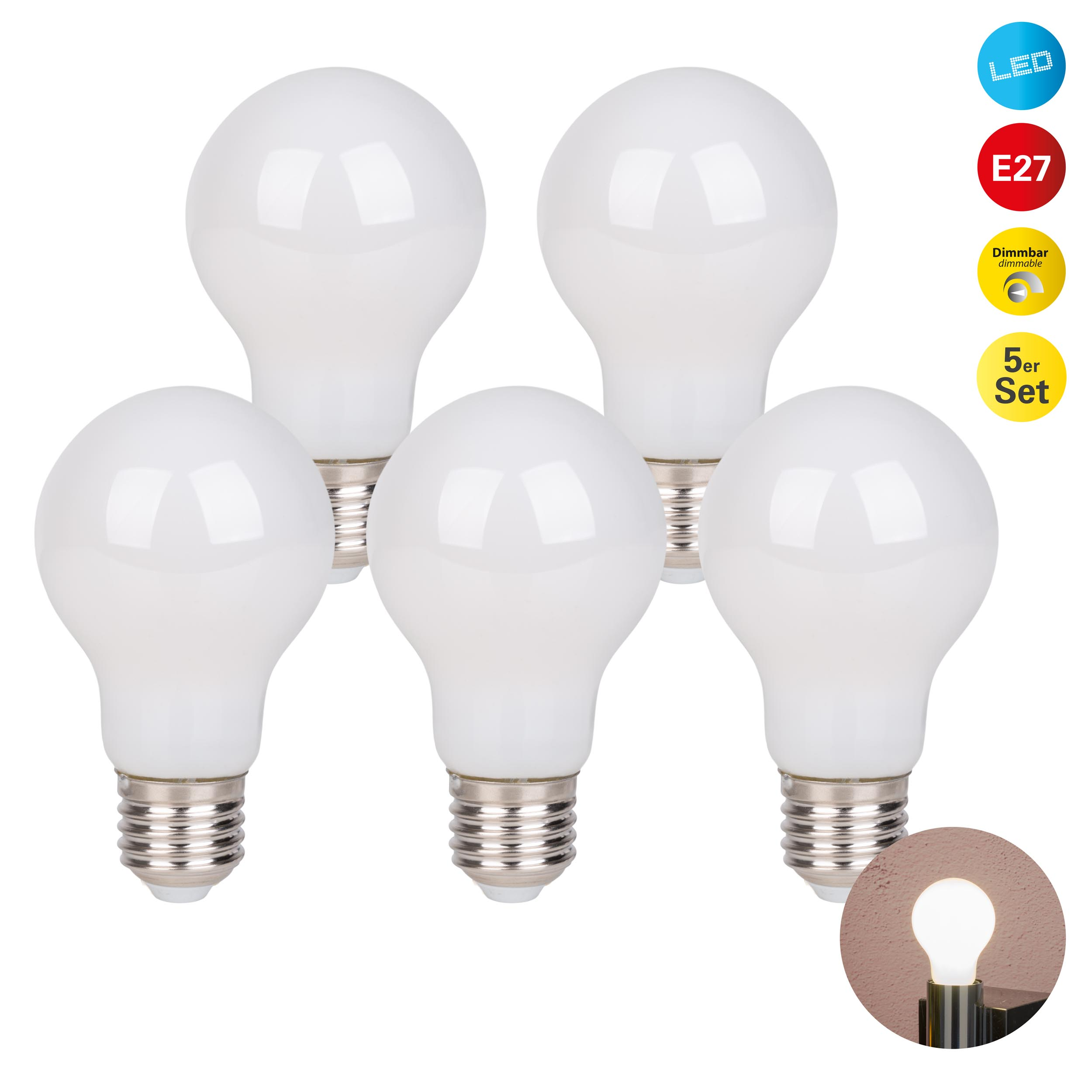 Fünf weiße LED-Glühbirnen, E27-Sockel, im Set. Eine einzelne Glühbirne leuchtet.