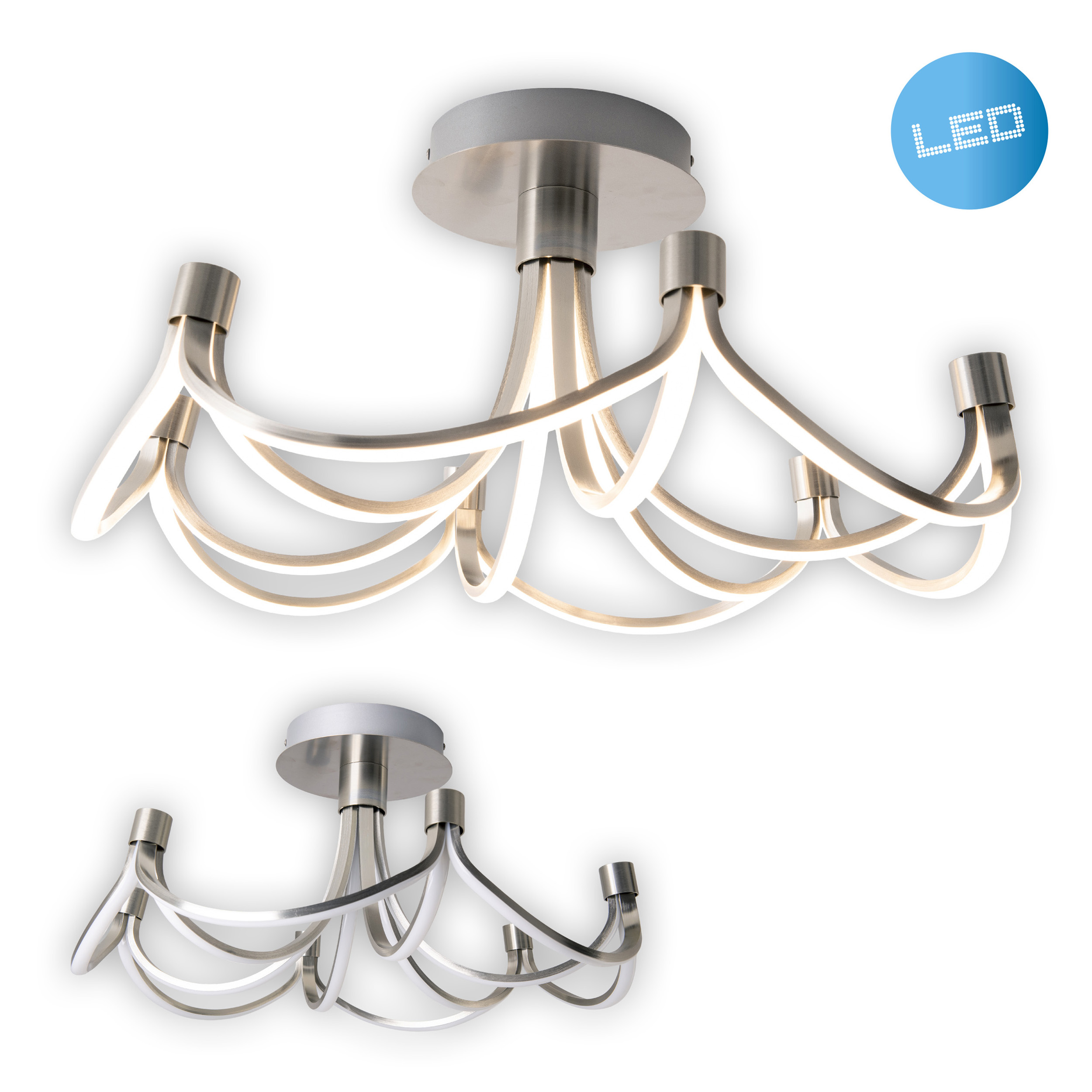 Zwei moderne Deckenleuchten, silberne Ausführung, mit LED-Leuchten. Eine ist kleiner als die andere.