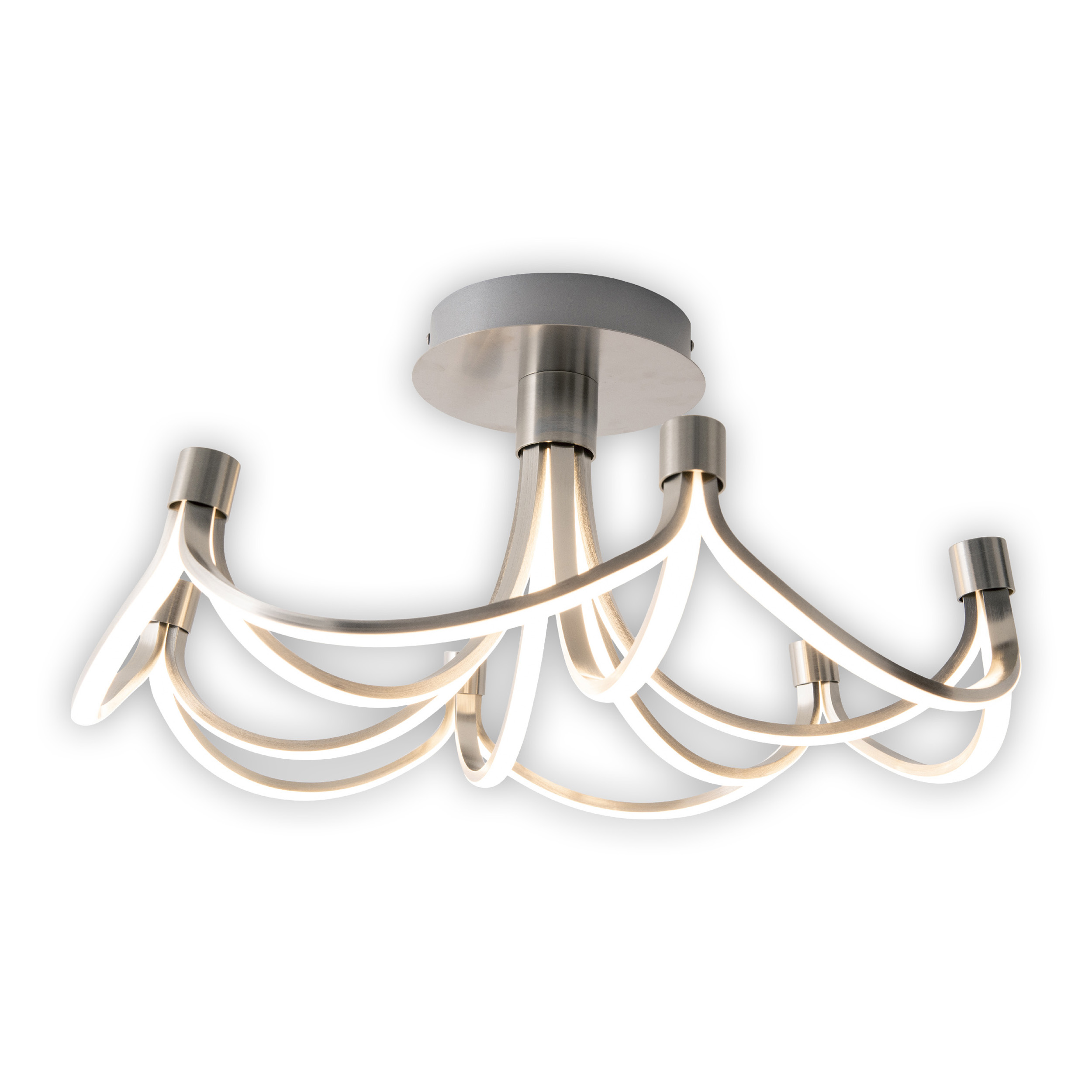 Deckenleuchte mit kreisförmiger Basis und geschwungenen, weißen LED-Streifen in einem fließenden, künstlerischen Design.