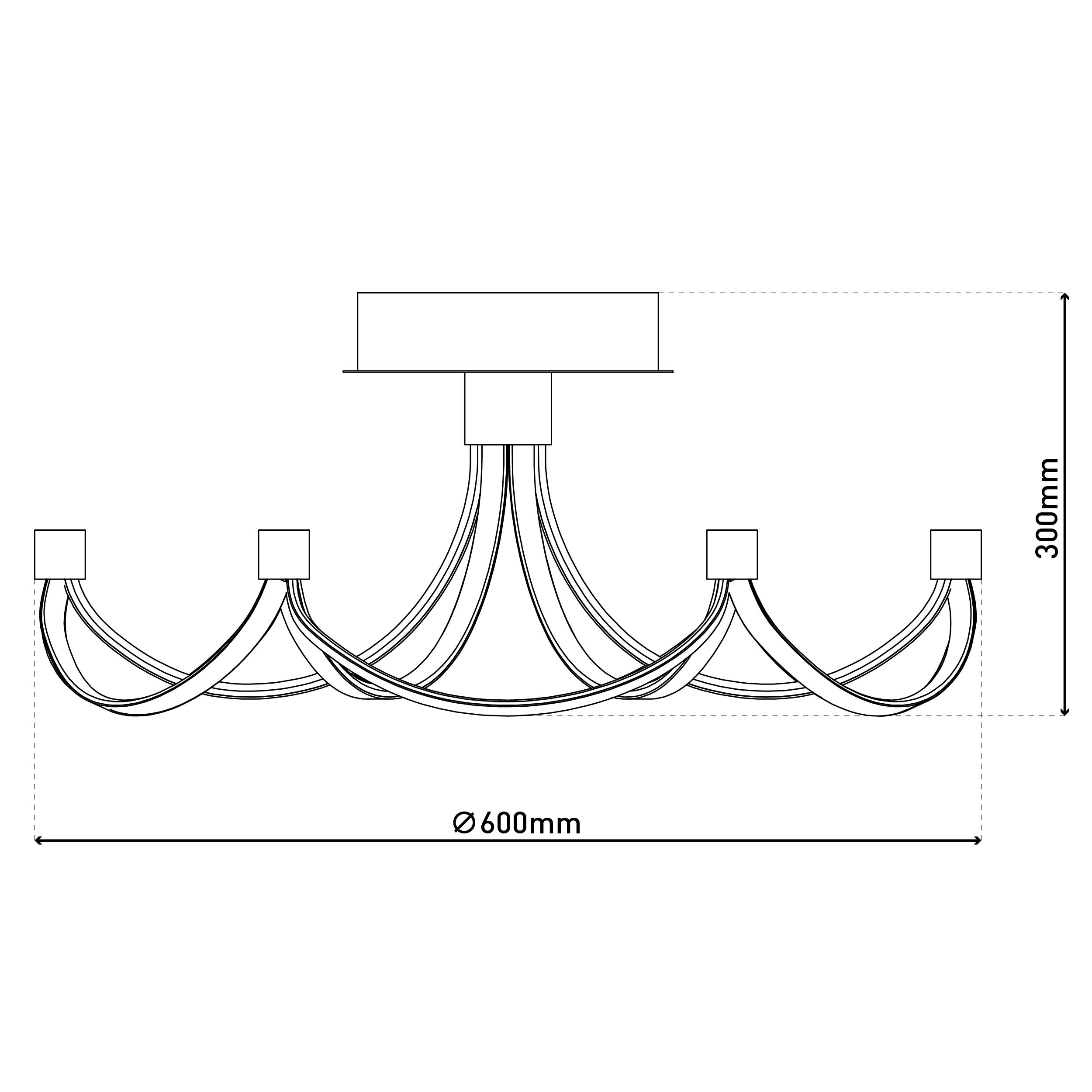 Diagramm eines Kronleuchters mit den Maßen: 600 mm Breite und 300 mm Höhe.