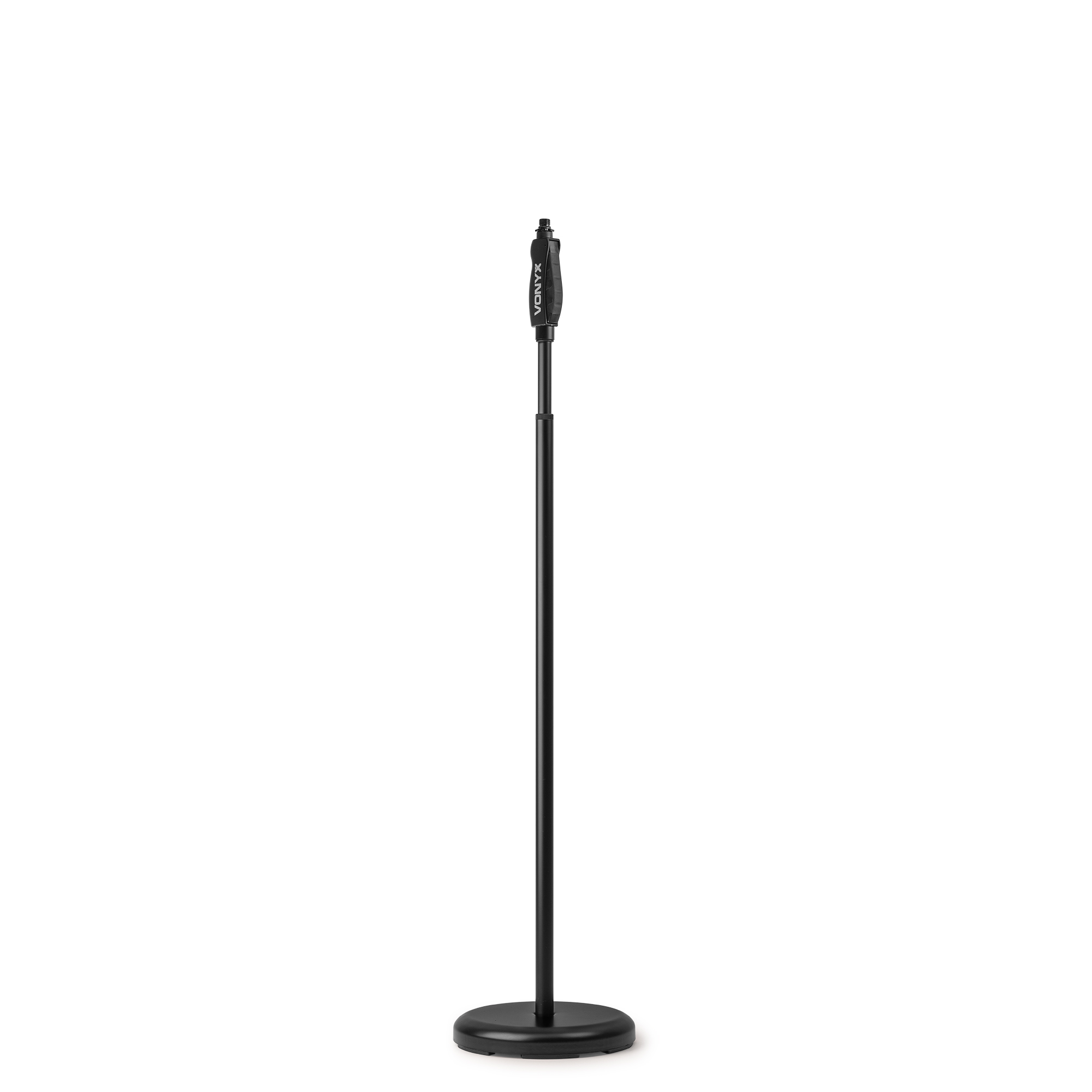 A black microphone stand on a white background.