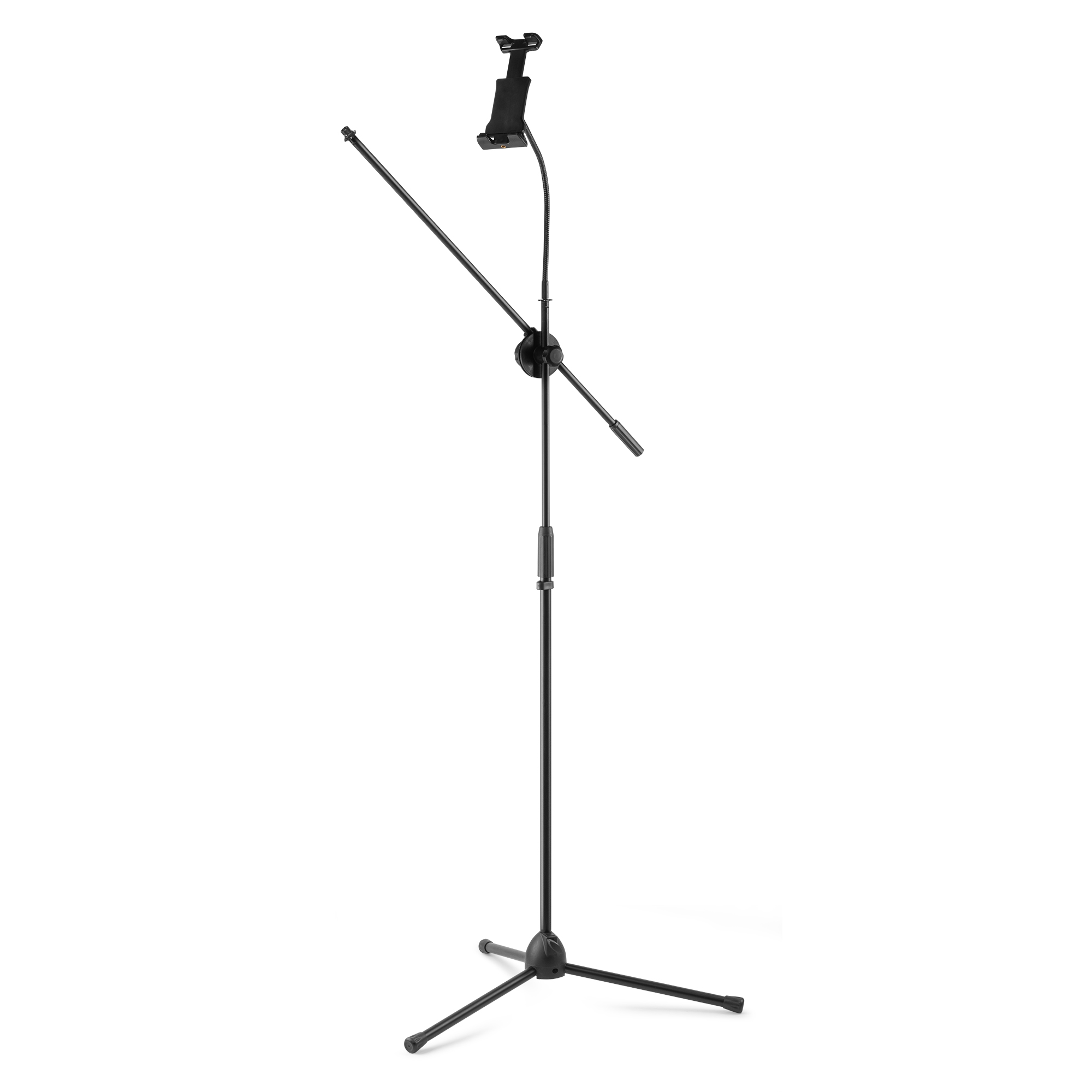 Black microphone stand, tall, with a phone holder.