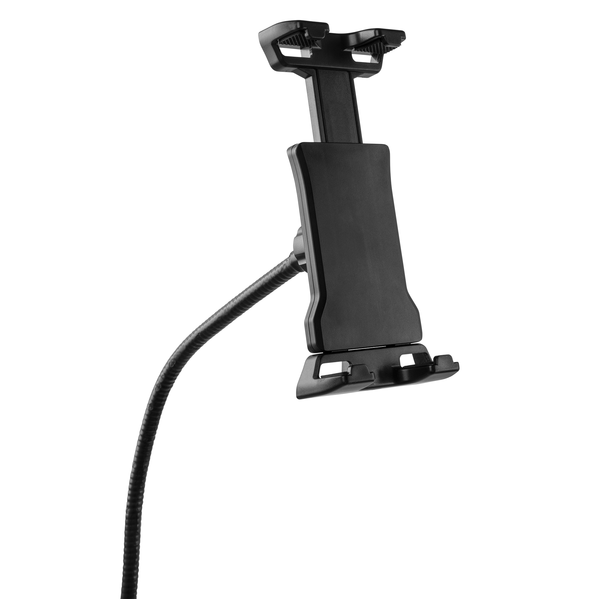 A black tablet holder with a flexible neck. It is on a white background.