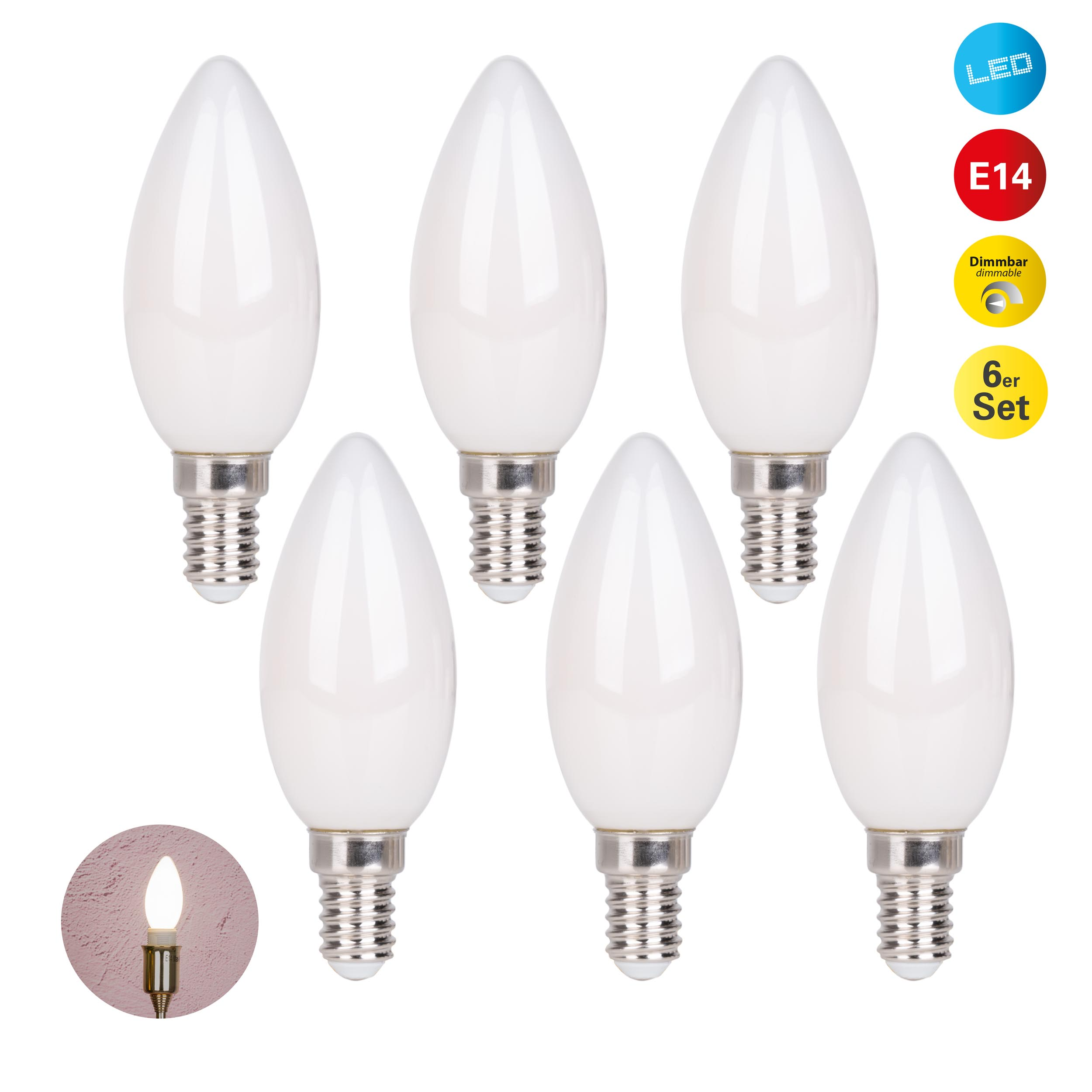 Sechs weiße LED-Glühbirnen in einer Packung, mit zusätzlichen Details zu LED, Dimmbarkeit und 6er-Set.