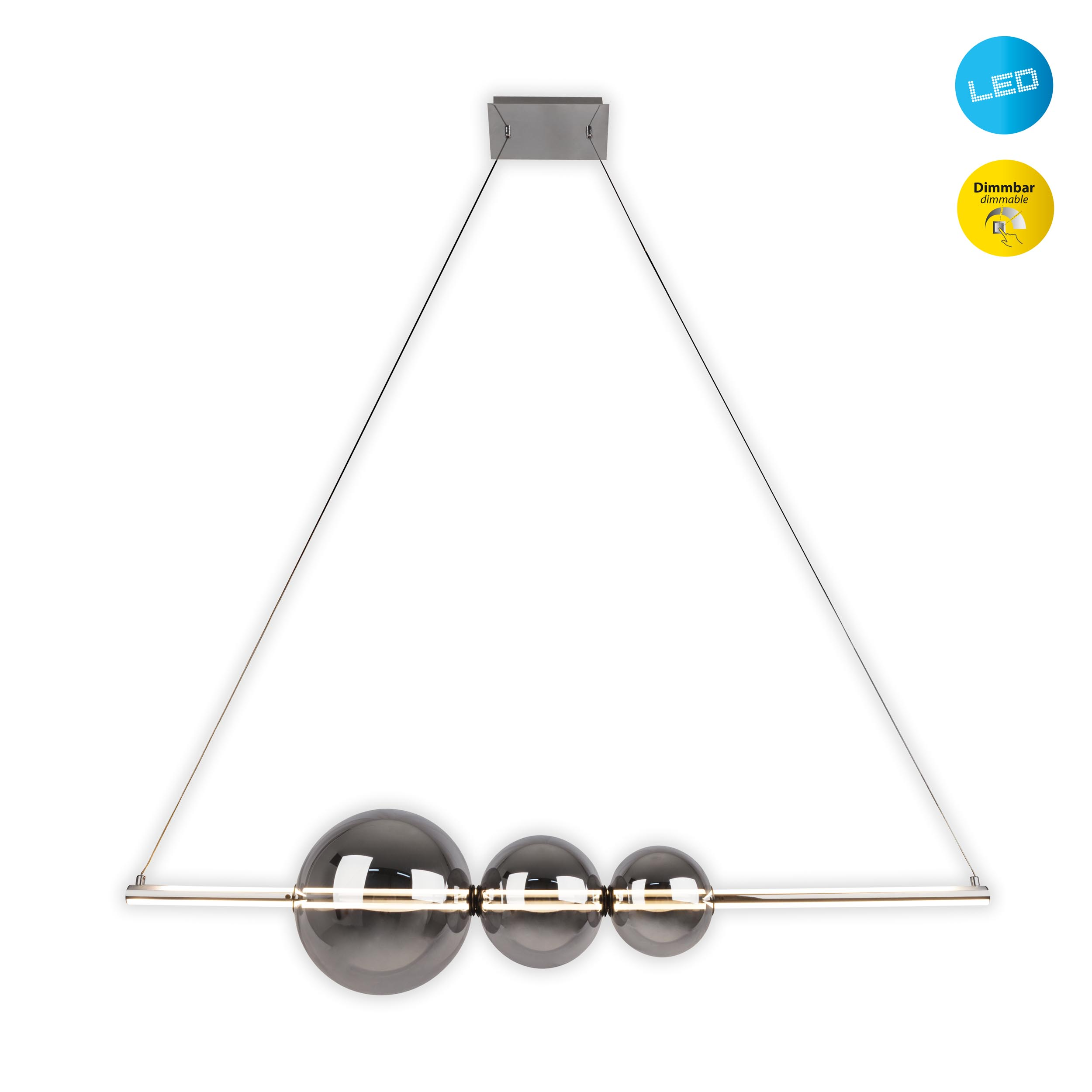 Eine moderne Pendelleuchte mit drei kugelförmigen Glühbirnen, die von einer quadratischen Deckenhalterung hängen. LED- und dimmbare Symbole.