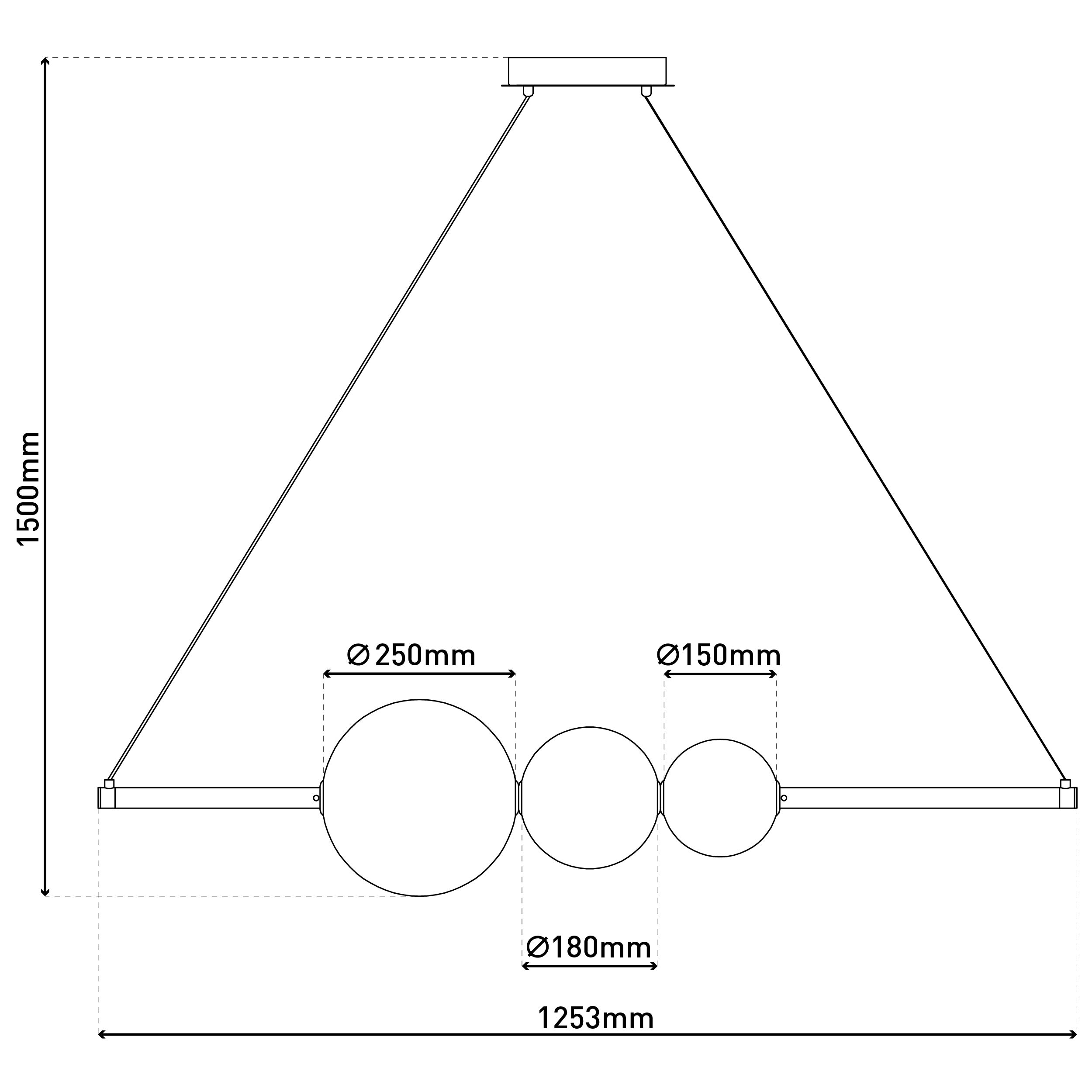 Diagramm einer Hängelampe mit drei kreisförmigen Lichtern. Abmessungen: 1500 mm Höhe, 1253 mm Breite.