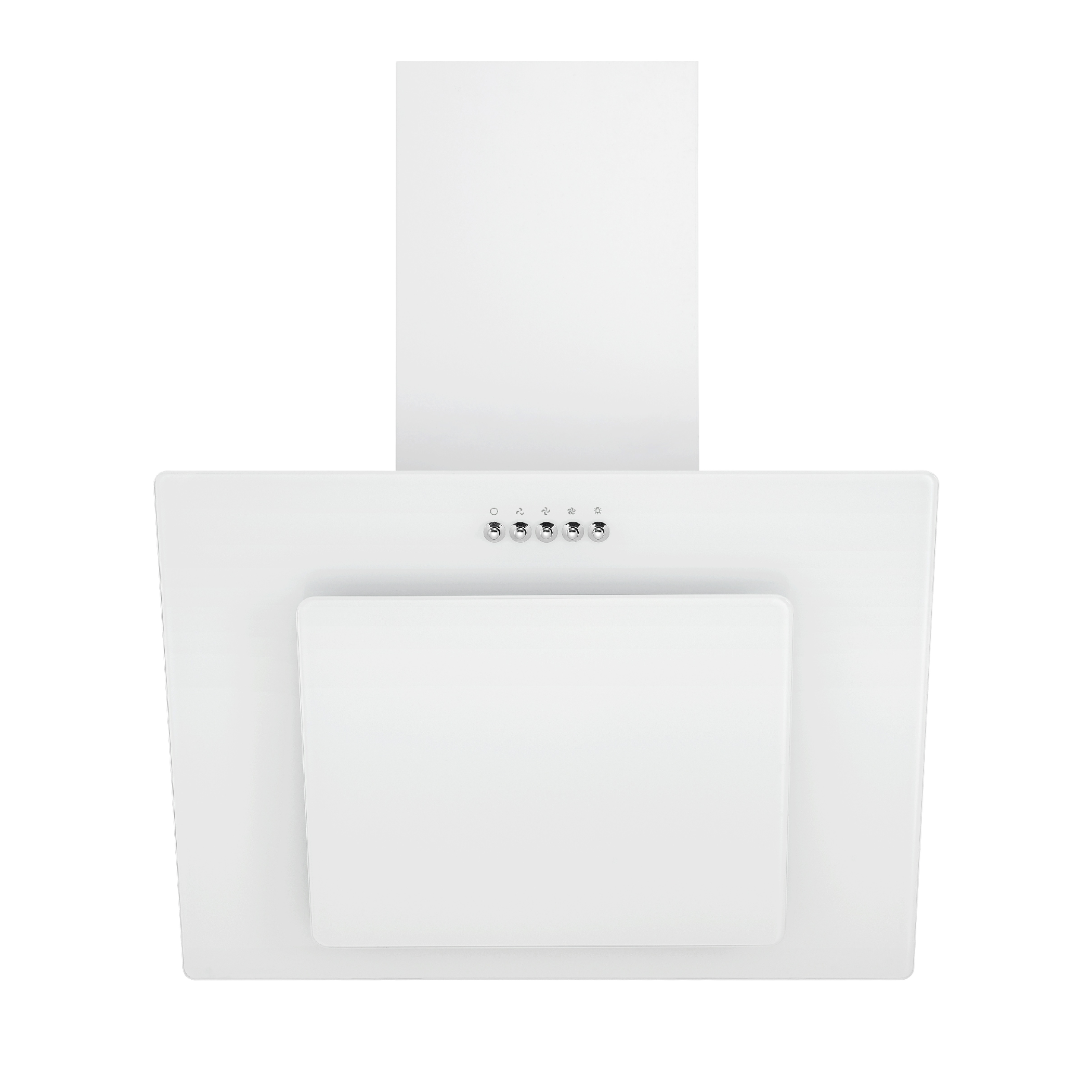 Hotte de cuisine blanche avec boutons et design rectangulaire. Fond blanc.