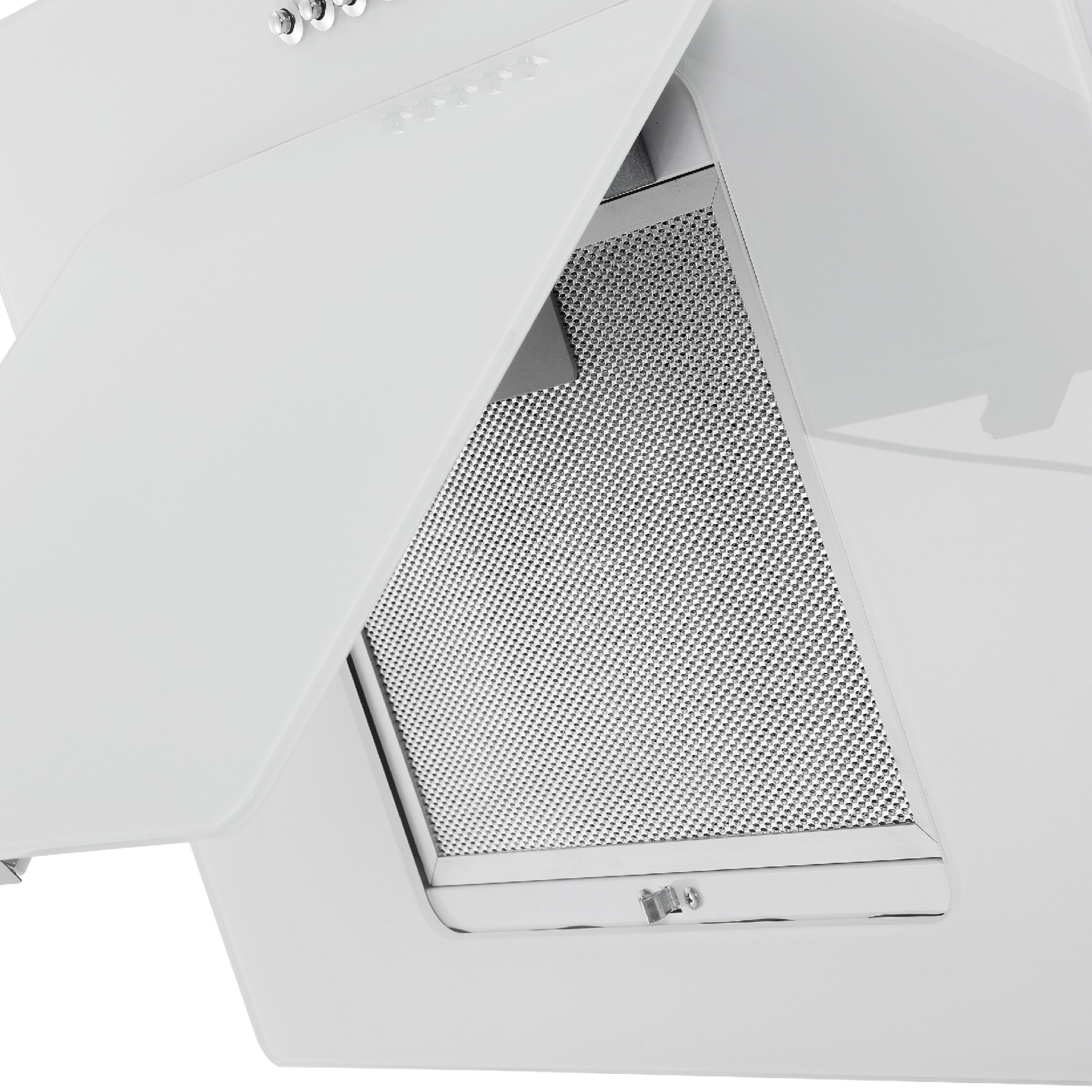 Une hotte aspirante blanche avec son filtre exposé. Vue rapprochée, avec la zone du filtre visible et ouverte.
