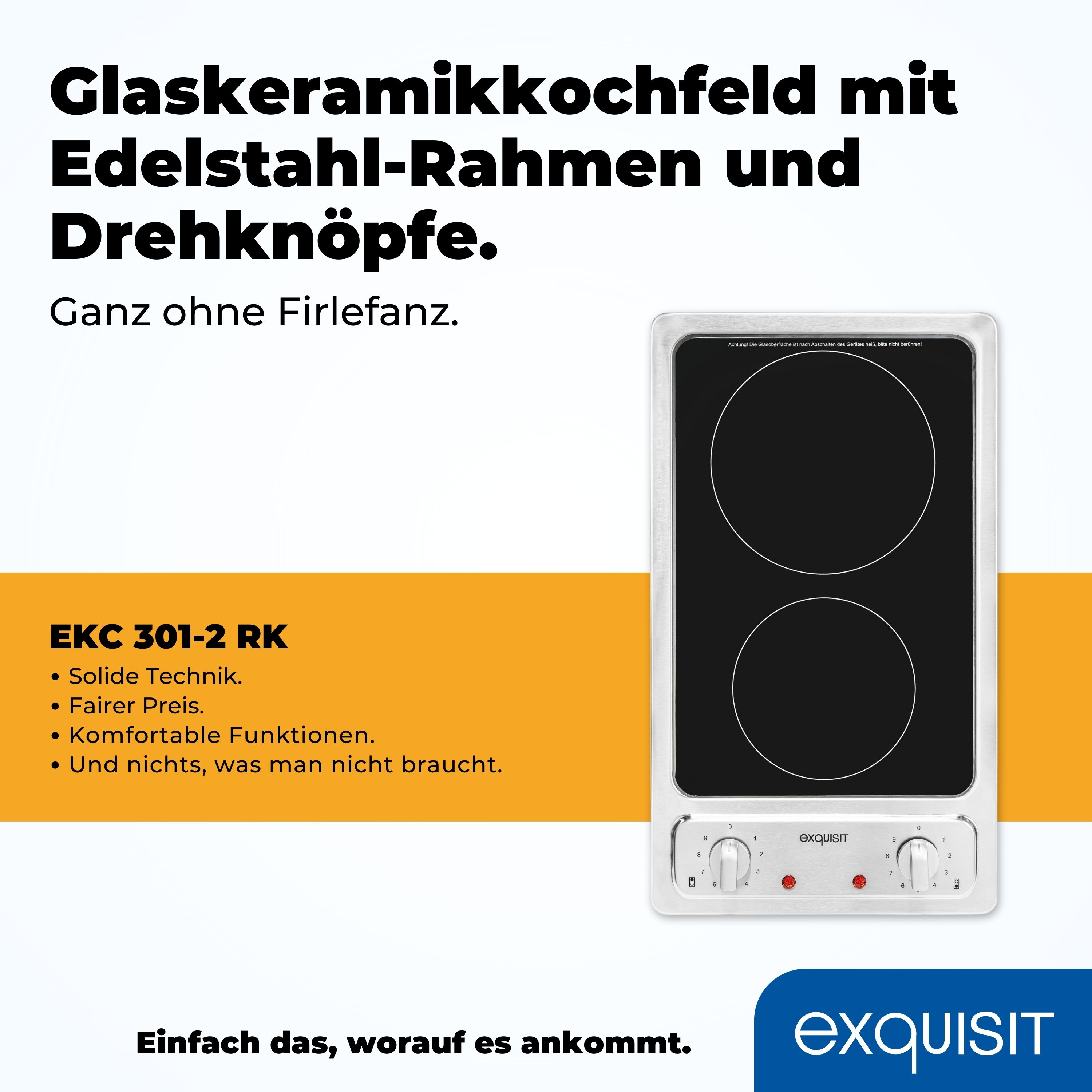 Płyta ceramiczna z dwoma strefami gotowania, białą ramką i pokrętłami. Widoczny tekst w języku niemieckim.