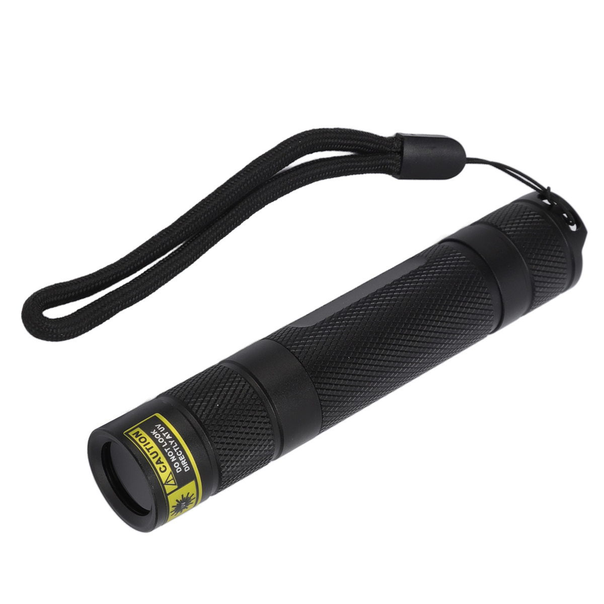 Eine schwarze Taschenlampe mit Handschlaufe und Warnhinweis auf der Vorderseite.