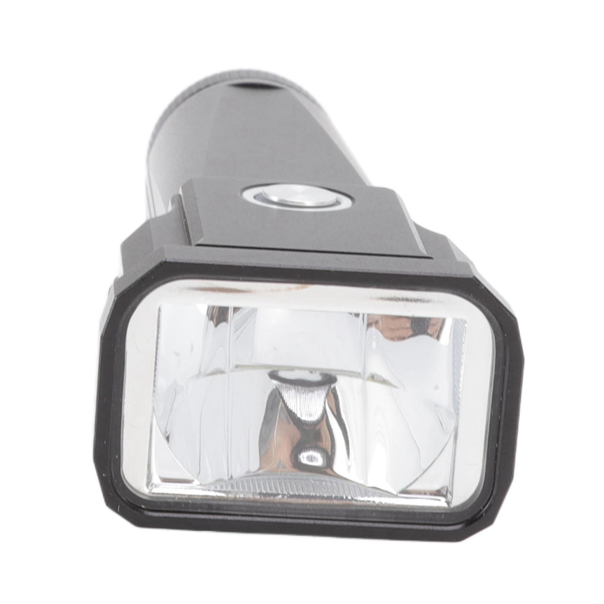 Nahaufnahme einer schwarzen, rechteckigen Taschenlampe mit hellem, klarem Licht.