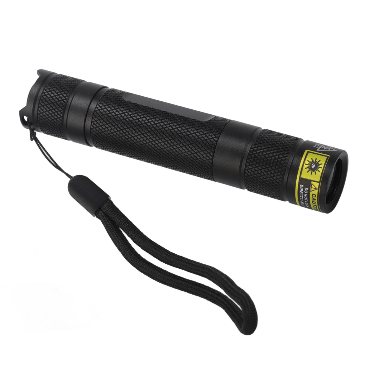 Schwarzer Laserpointer mit schwarzem Handgelenkband. Der Zeiger ist zylindrisch und hat einen Knopf am Ende.