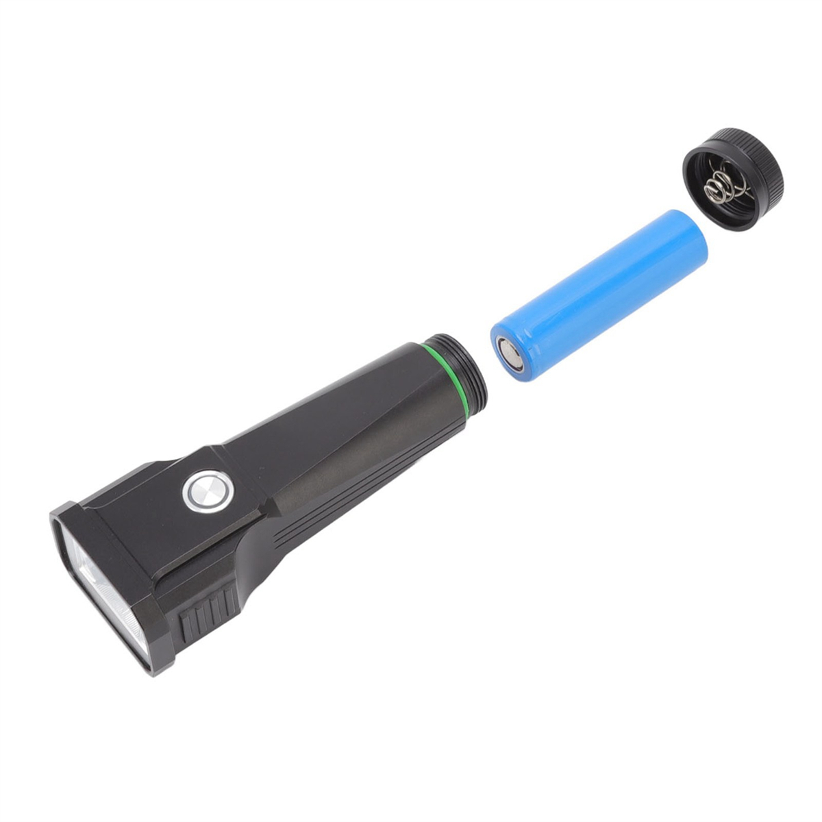 Eine schwarze Taschenlampe ist zerlegt, mit einer blauen Batterie und dem oberen Teil getrennt.