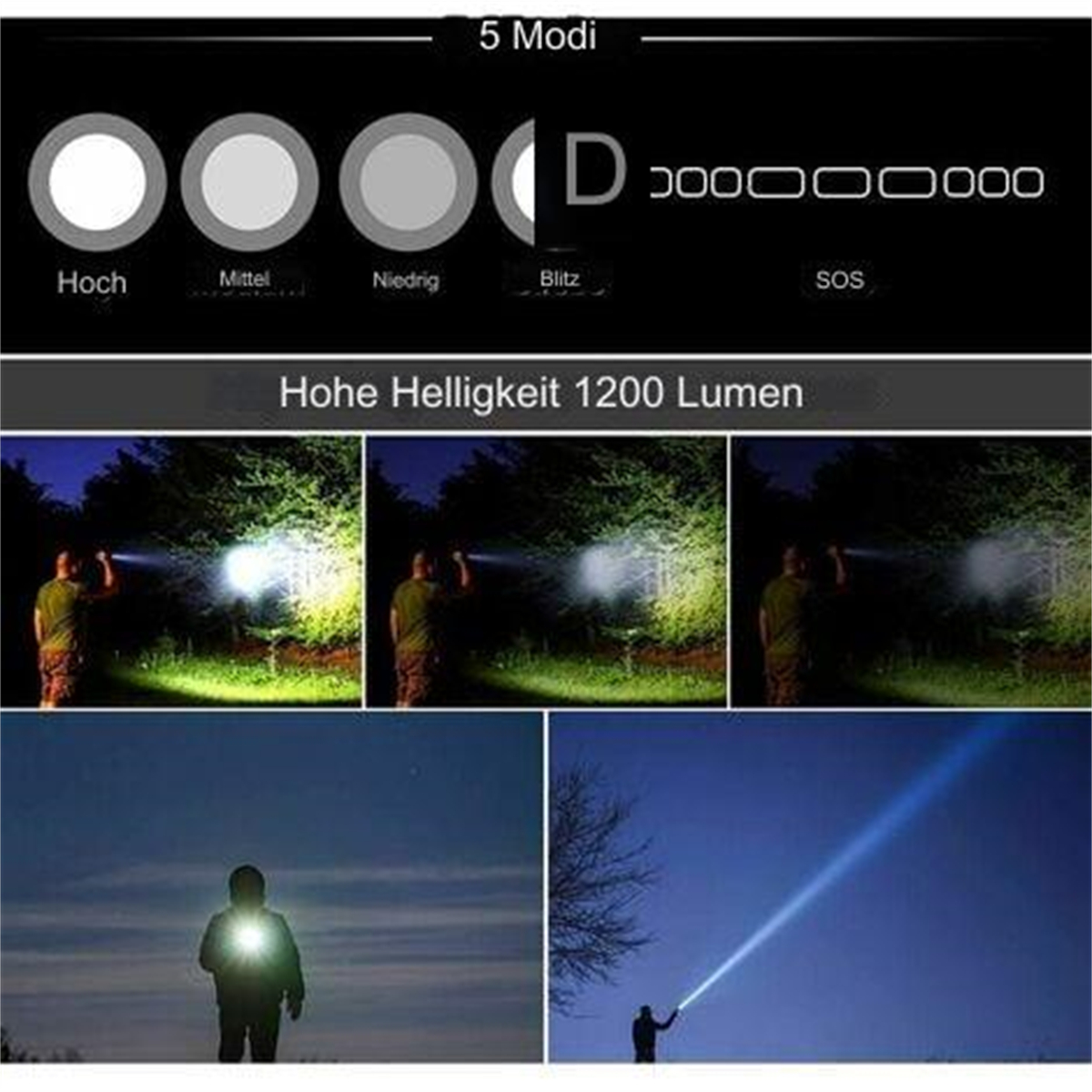 Taschenlampe mit 5 Modi, 1200 Lumen, verschiedenen Helligkeitsstufen und SOS-Funktion, mit Personen in verschiedenen Beleuchtungsszenarien.